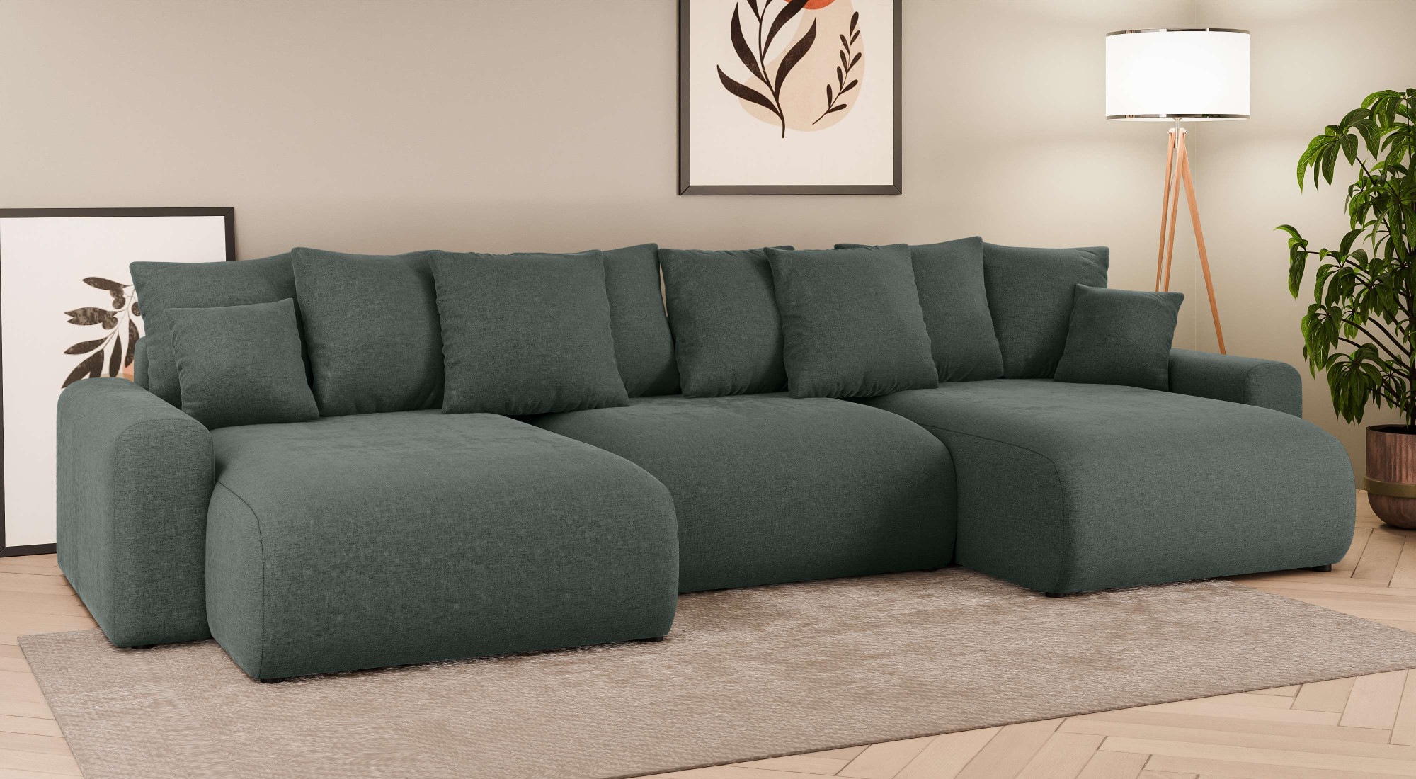 Home affaire Wohnlandschaft »LAKESIDE mit Bettfunktion und Bettkasten, Masse B/T/H: 332,5/142/84 cm«, U‑Form mit vielen Kissen und Wellenunterfederung