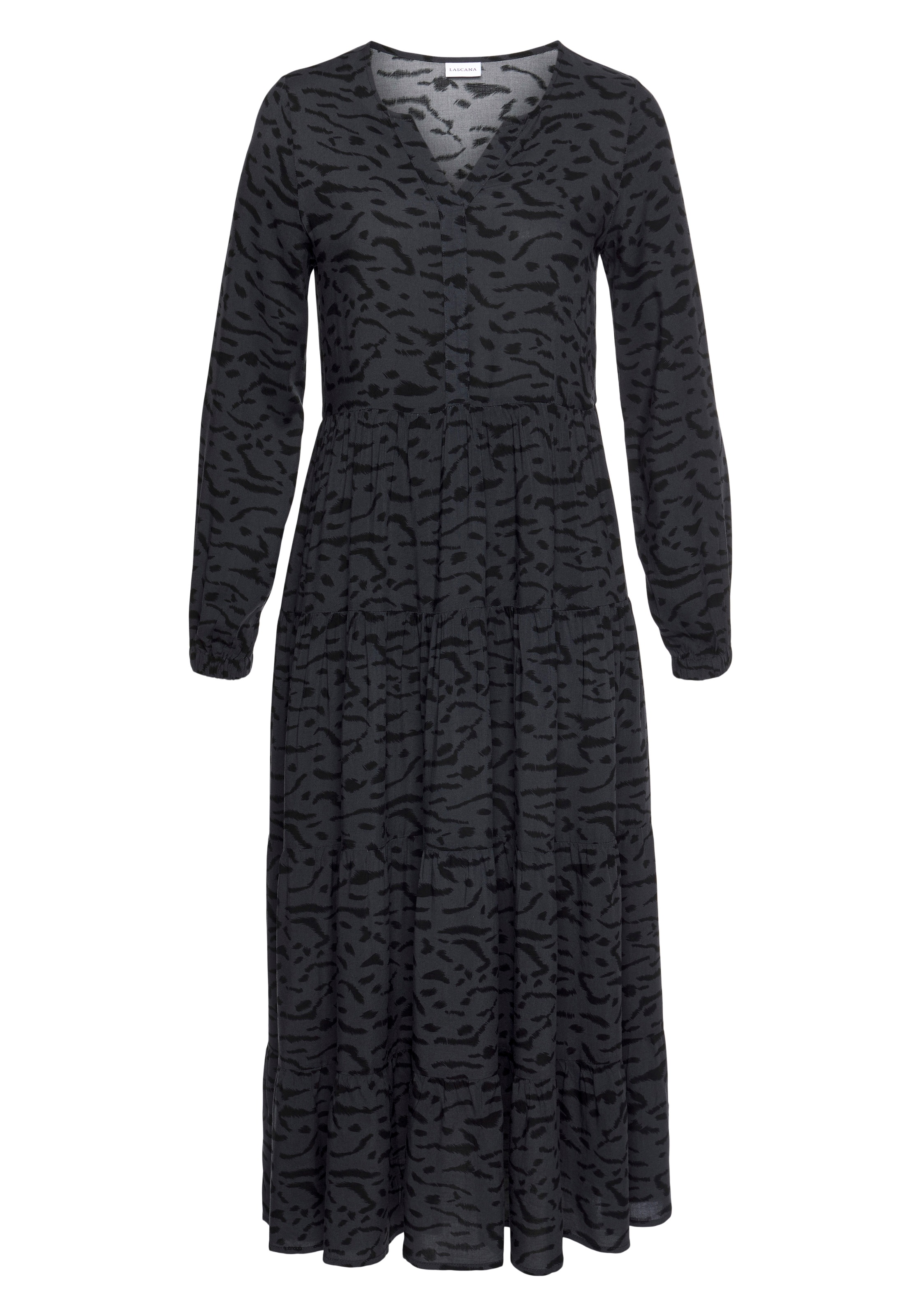 LASCANA Maxikleid "mit Animalprint und Volants aus gewebter Viskose, locker bequemer Look" Langärmliges Webkleid, Sommerkleid, Kaftankleid mit weitem Rockteil