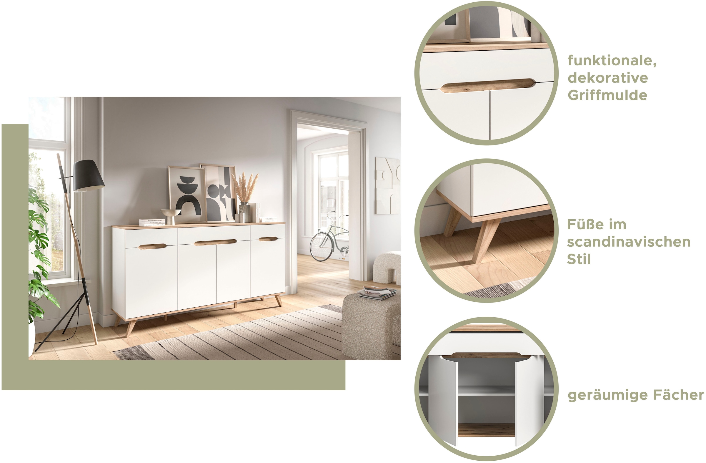 Home affaire Highboard »Alesund, Höhe 140cm, 2 Türen, 1 Schubkasten,konischer Fuss, Scandi-Look«, Anrichte, Schrank, Kommode, Midischrank, Wohnmöbel, Wohnzimmer