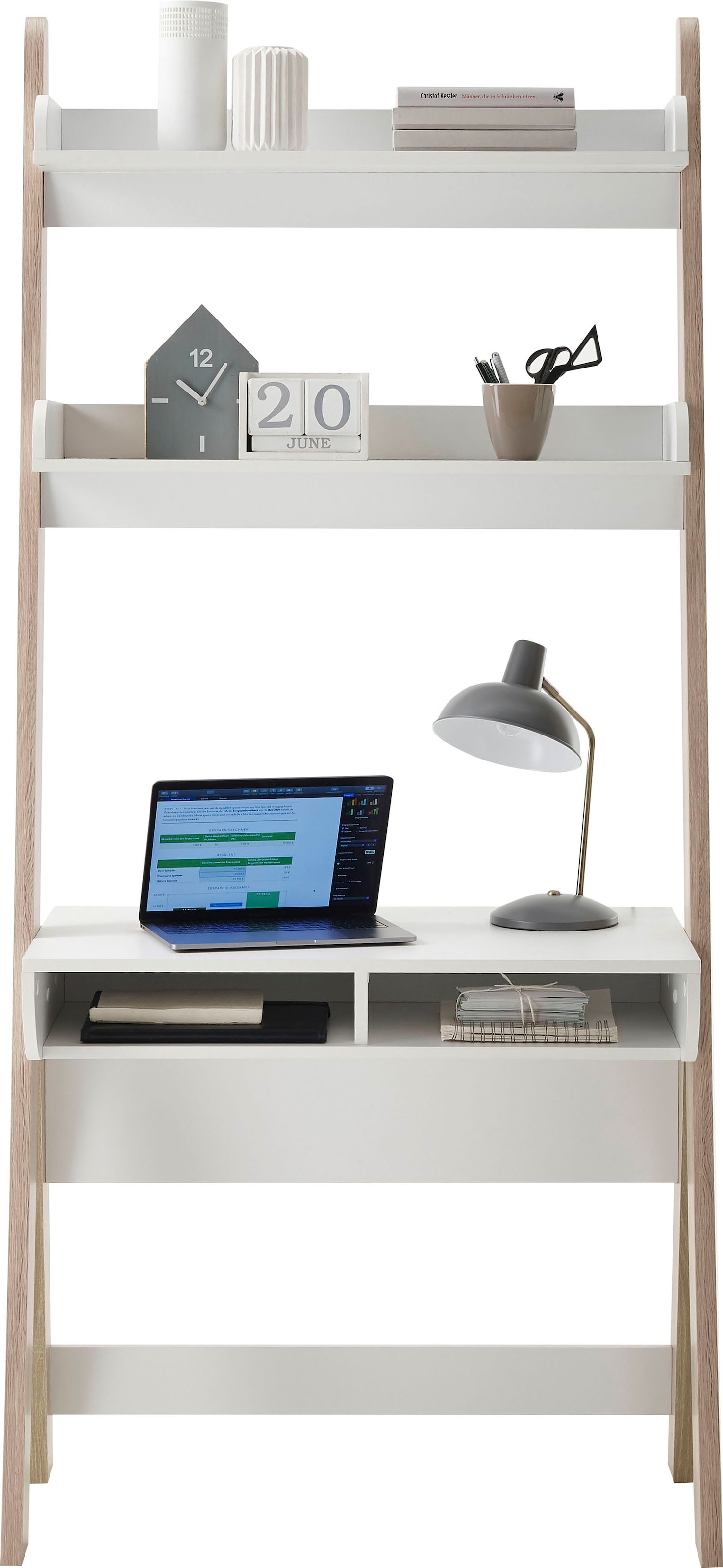 MCA furniture Schreibtisch »Viterbo«, Standregal mit Schreibtisch weiss matt, Eiche hell Dekor, Breite 85 cm