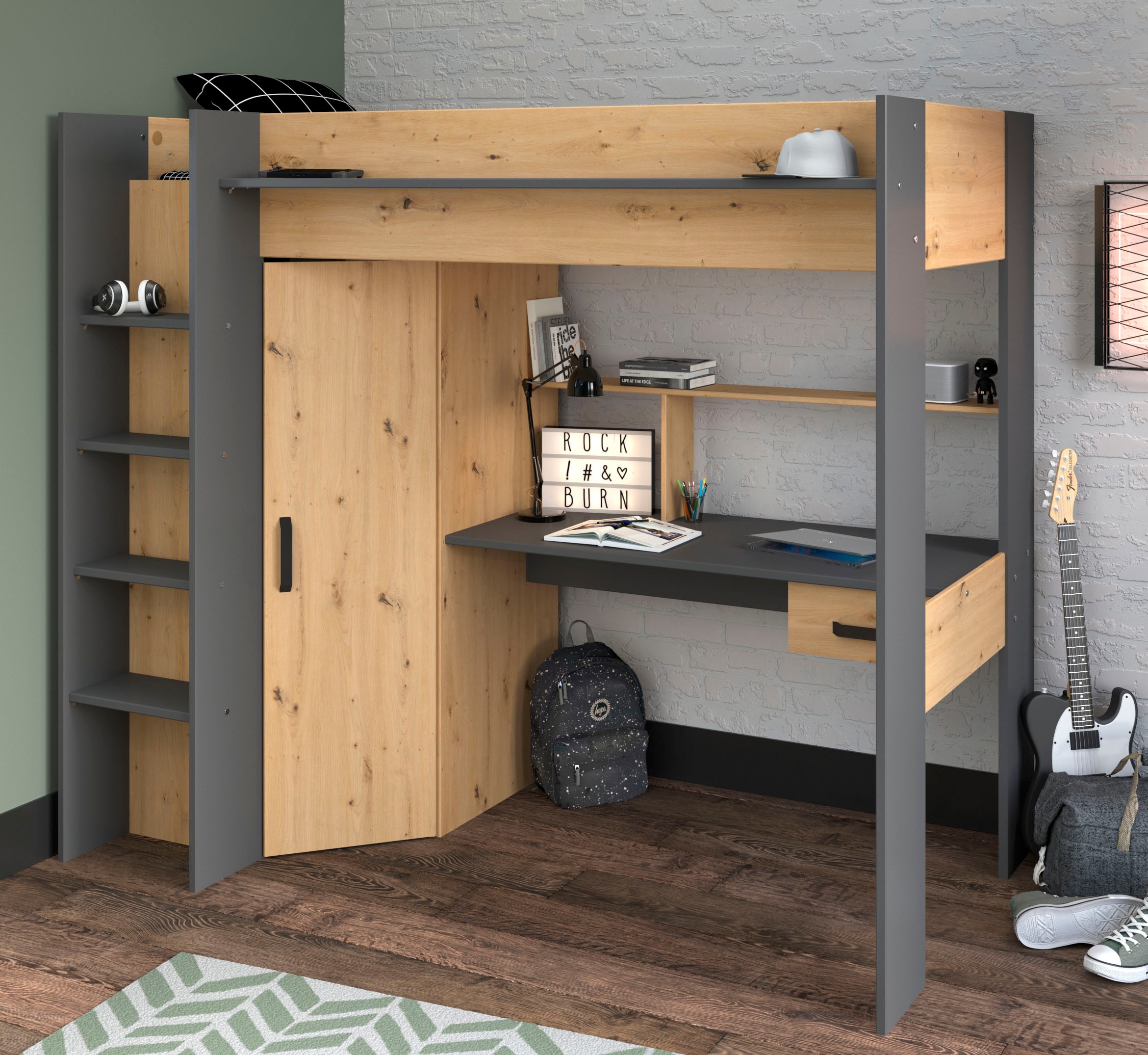 Parisot Hochbett »Heavy«, ALL-IN-ONE, mit Kleiderschrank, Schreibtisch, Leiter, Stauraum