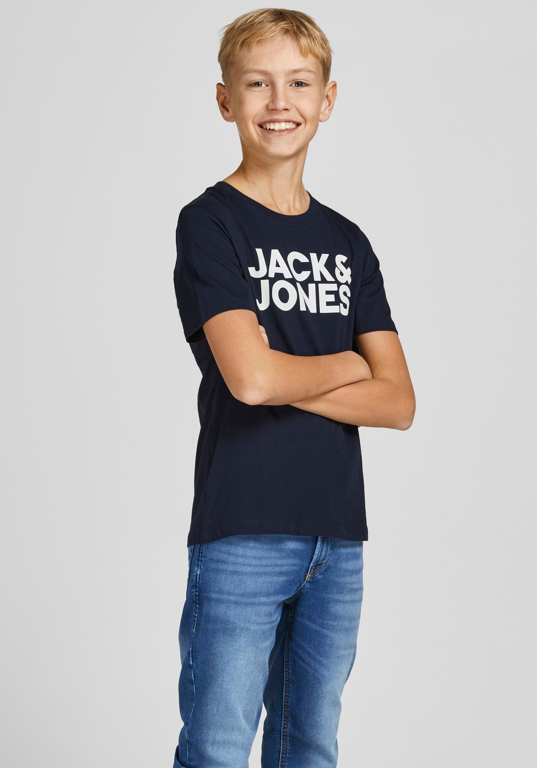 Jack & Jones Junior Rundhalsshirt »JJECORP mit Druck und Rundhals für coolen Look«, (Packung, 2 tlg.), bedruckt, modisch, regular fit, Single Jersey, Rundhals