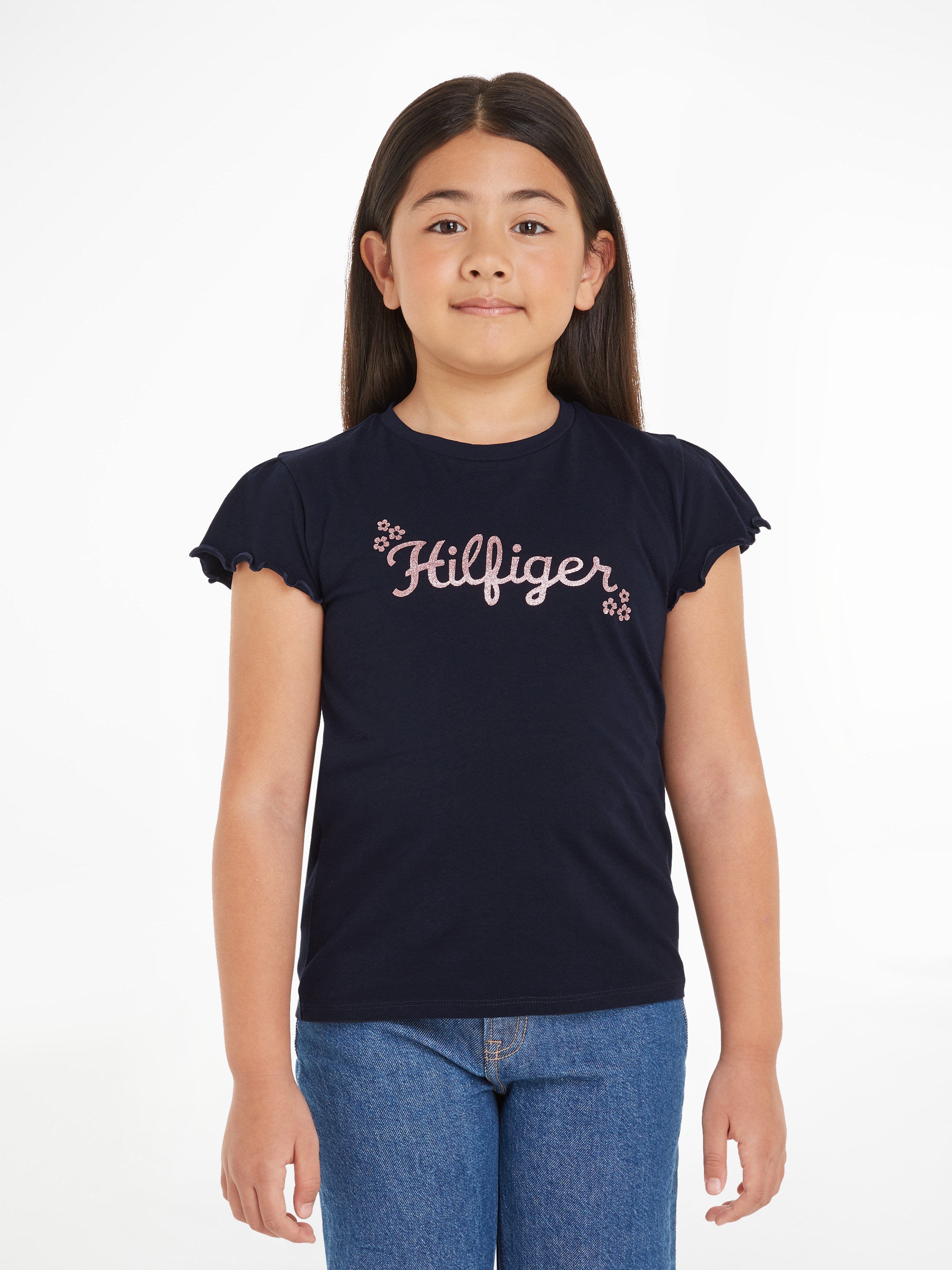 Tommy Hilfiger Kurzarmshirt »FLOWER GLITTER REG TEE SS«, Kinder bis 16 Jahre mit Logoprägung