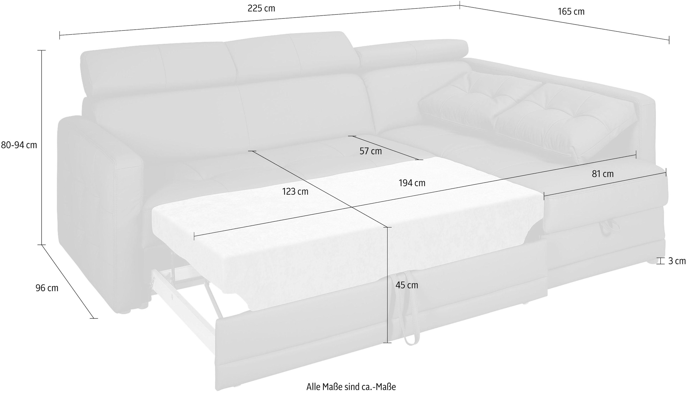 exxpo - sofa fashion Ecksofa »Arles, Federkern, zeitlos, Breite 225cm, L-Form«, wahlweise mit Bettfunktion und Bettkasten, inkl. Kopfteilverstellung