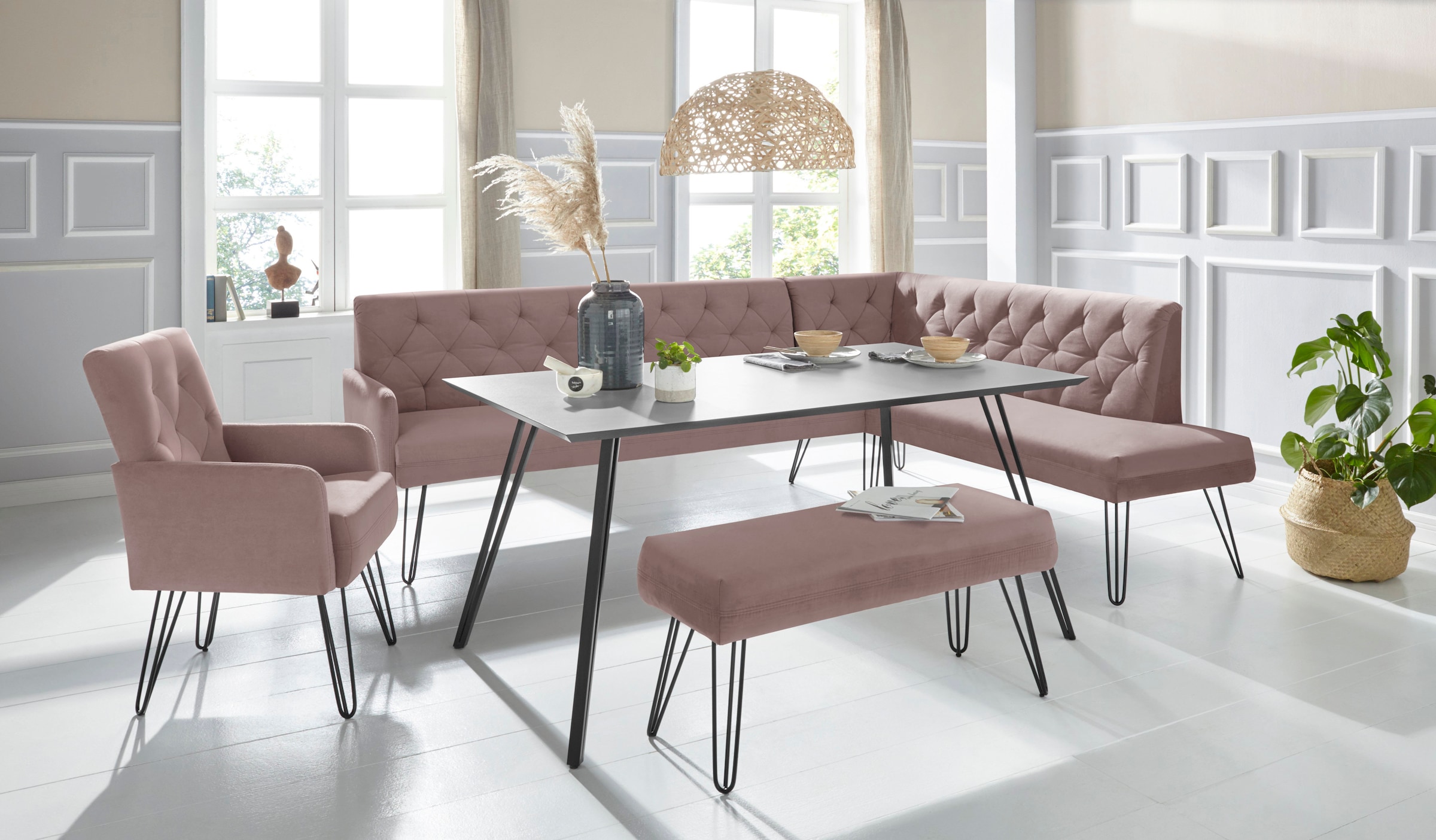 exxpo - sofa fashion Eckbank »Doppio, Chesterfield Optik, komfortabel und bequem, hohe Designfüsse«, Frei im Raum stellbar