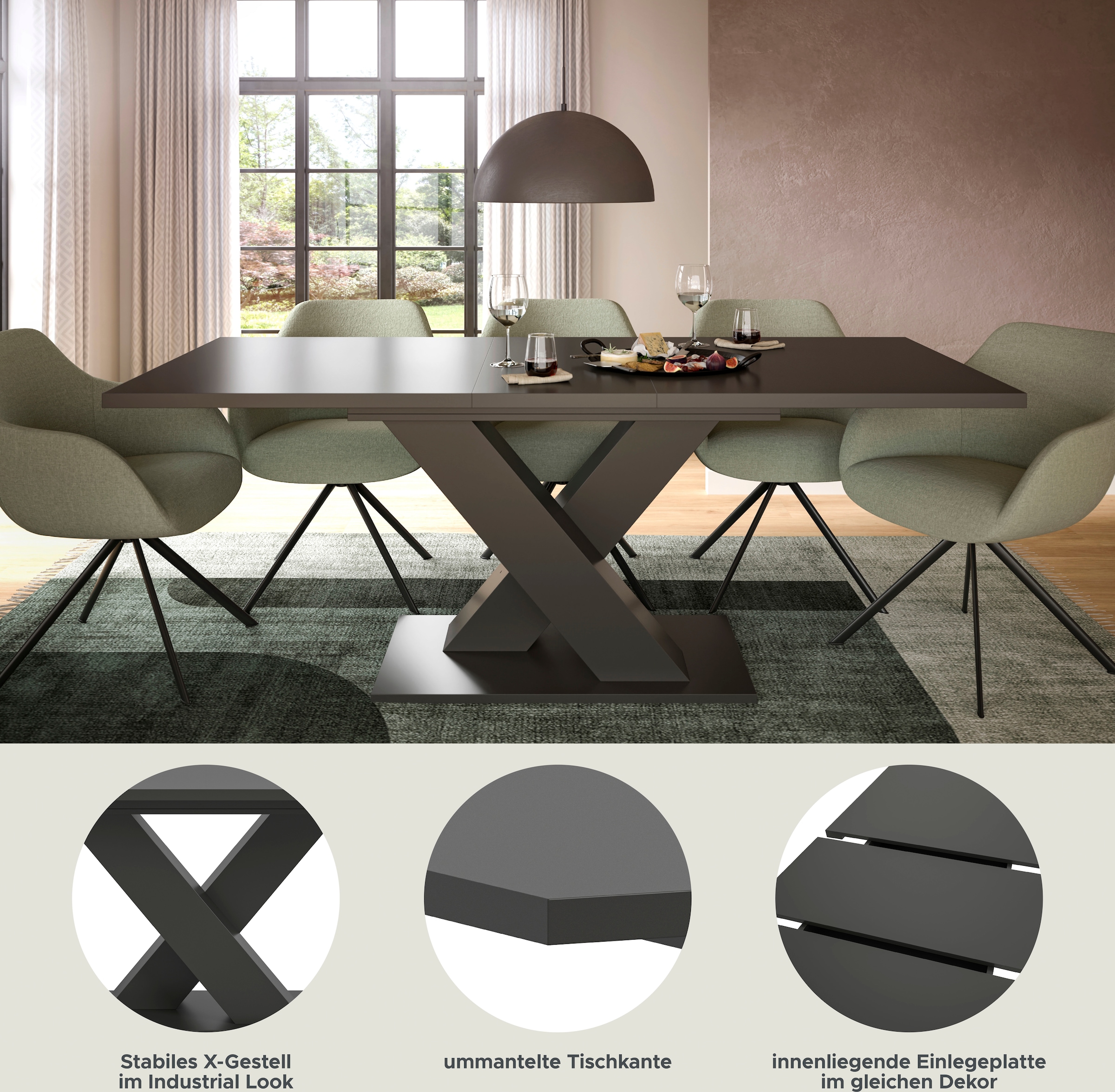 INOSIGN Esstisch »Motus, ausziehbar 150 -190 cm, inklusive 40 cm Einlegeplatte«, (Set, 1 St.), X-Gestell mit Bodenplatte, Tisch, Küchentisch, Esszimmer, Küche