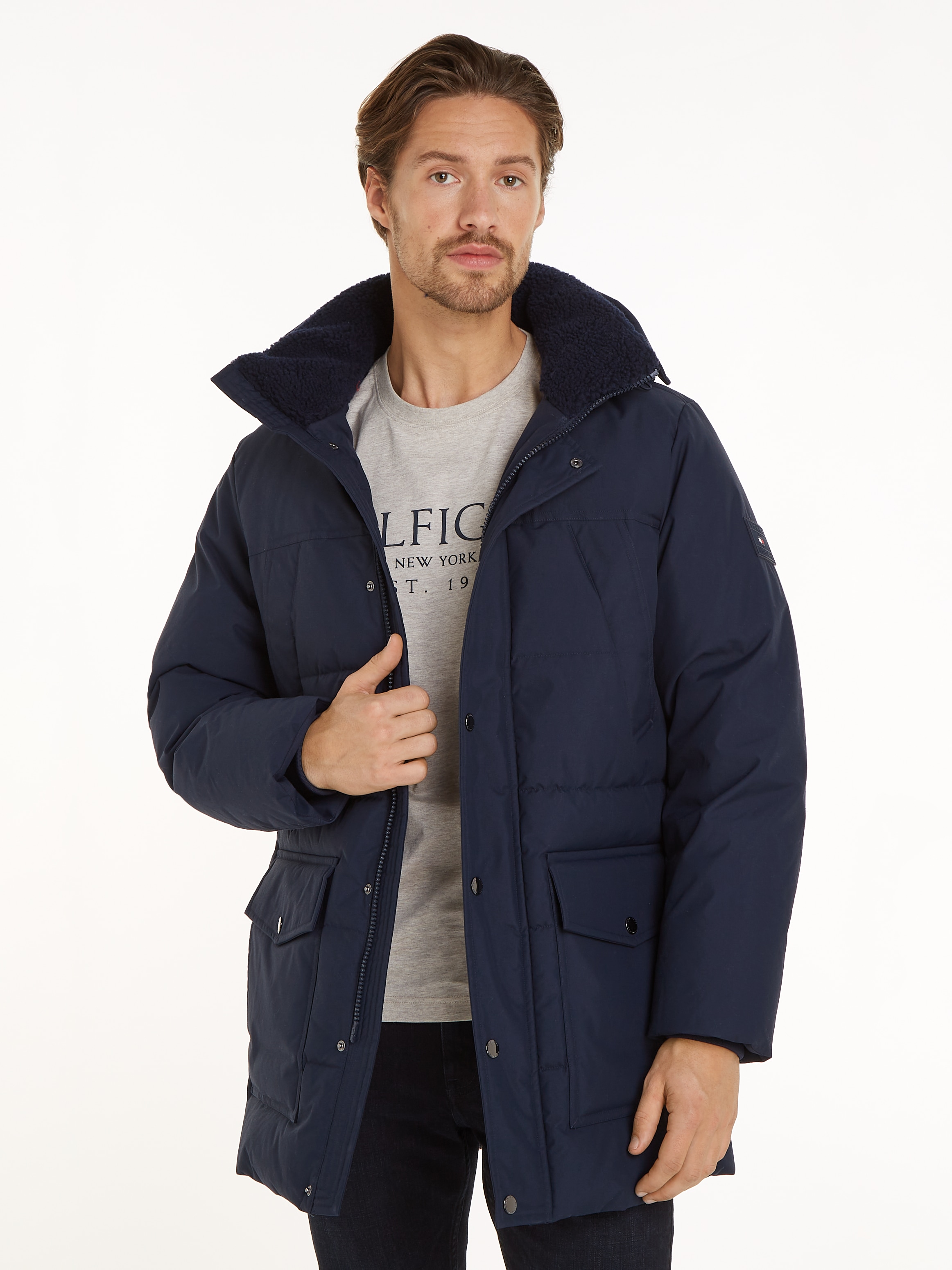 Tommy Hilfiger Parka »ROCKIE UTILITY PARKA«, mit Kapuze, hoch geschlossen, Stehakragen mit Fellimitat