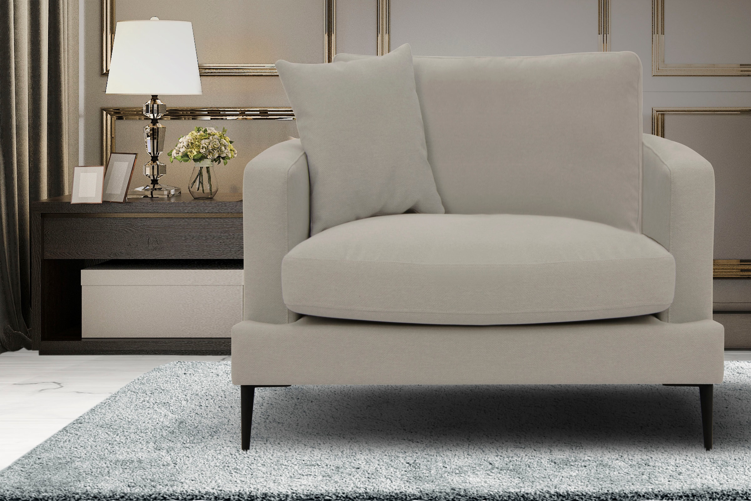 Leonique Sessel »Cozy Loungesessel, Designersessel, Masse B/T/H: 91/97/80 cm«, mit Metallbeinen und Zierkissen