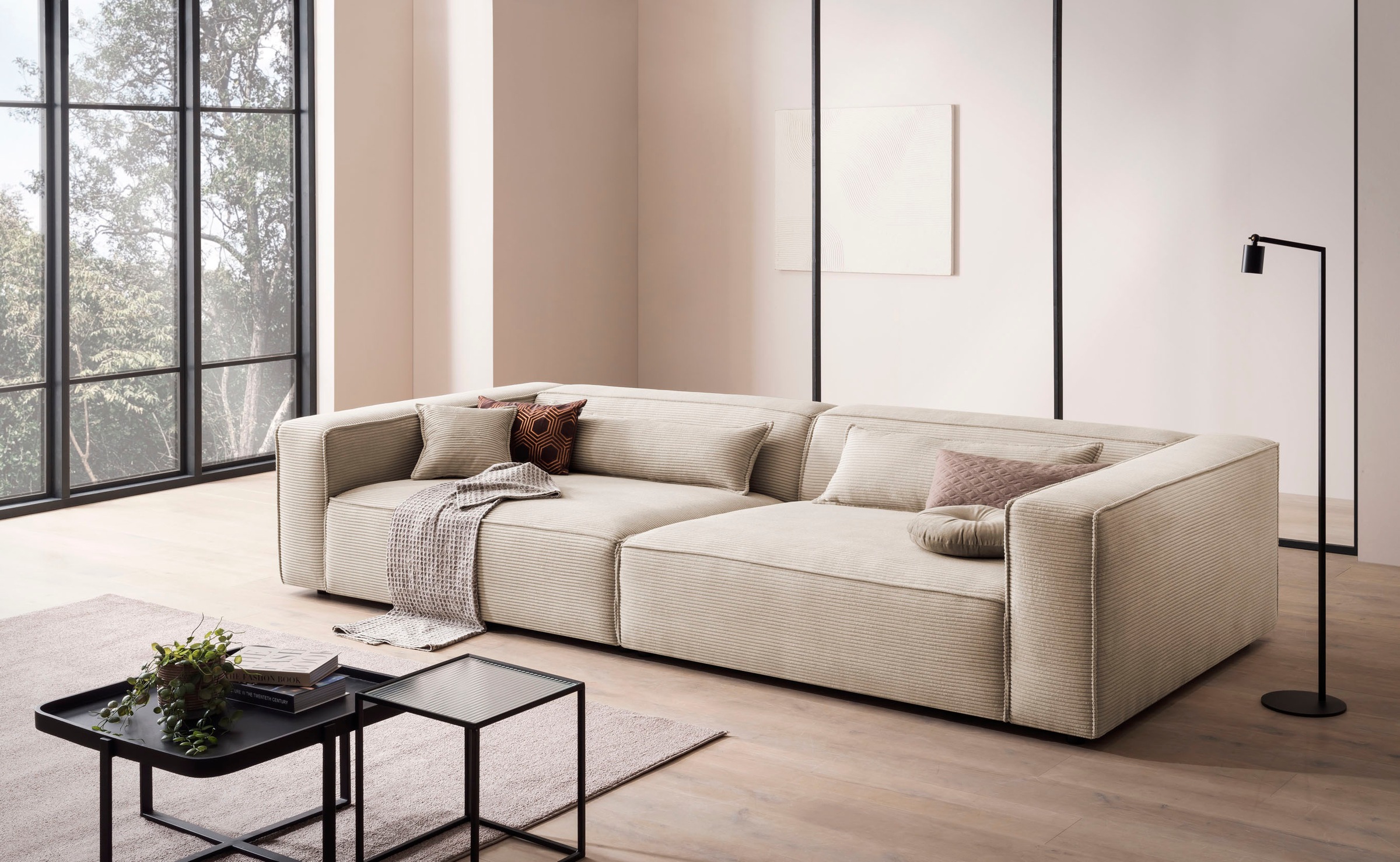 LeGer Home by Lena Gercke 3-Sitzer »PIARA, XXL Sofa mit Kedernaht, Big-Sofa in Cord oder Leinenoptik«, schwarze Füsse, bequemer Sitzkomfort, extra tiefe Sitzfläche
