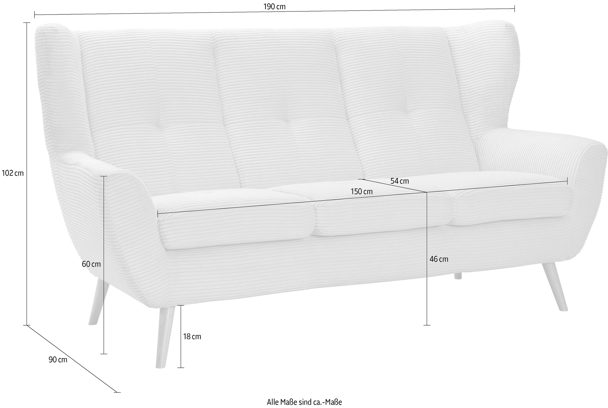 exxpo - sofa fashion 3-Sitzer »ALVESTA, Loungesofa, Küchensofa, hoher Sitzkomfort, Ohrenbackensofa«, gemütliche Rückenlehne, mit Knopfheftung und hohen Holzfüssen, in Cord