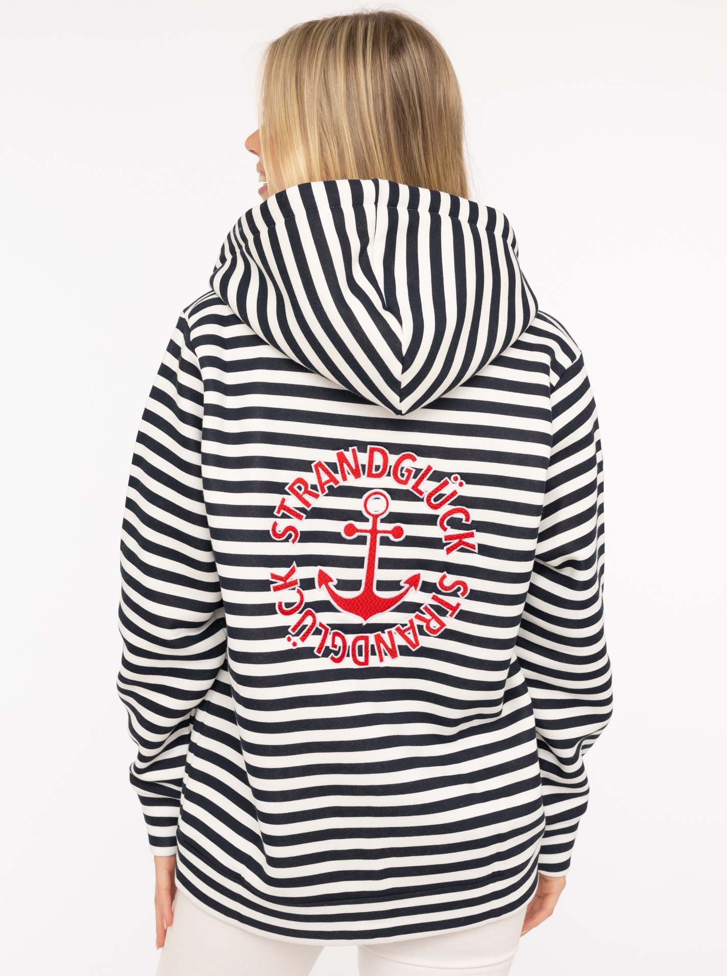 Zwillingsherz Kapuzensweatjacke »"Streifen Strandglück"«, gestreifte Hoodiejacke mit Strandglück Stickerei und Anker am Rücken