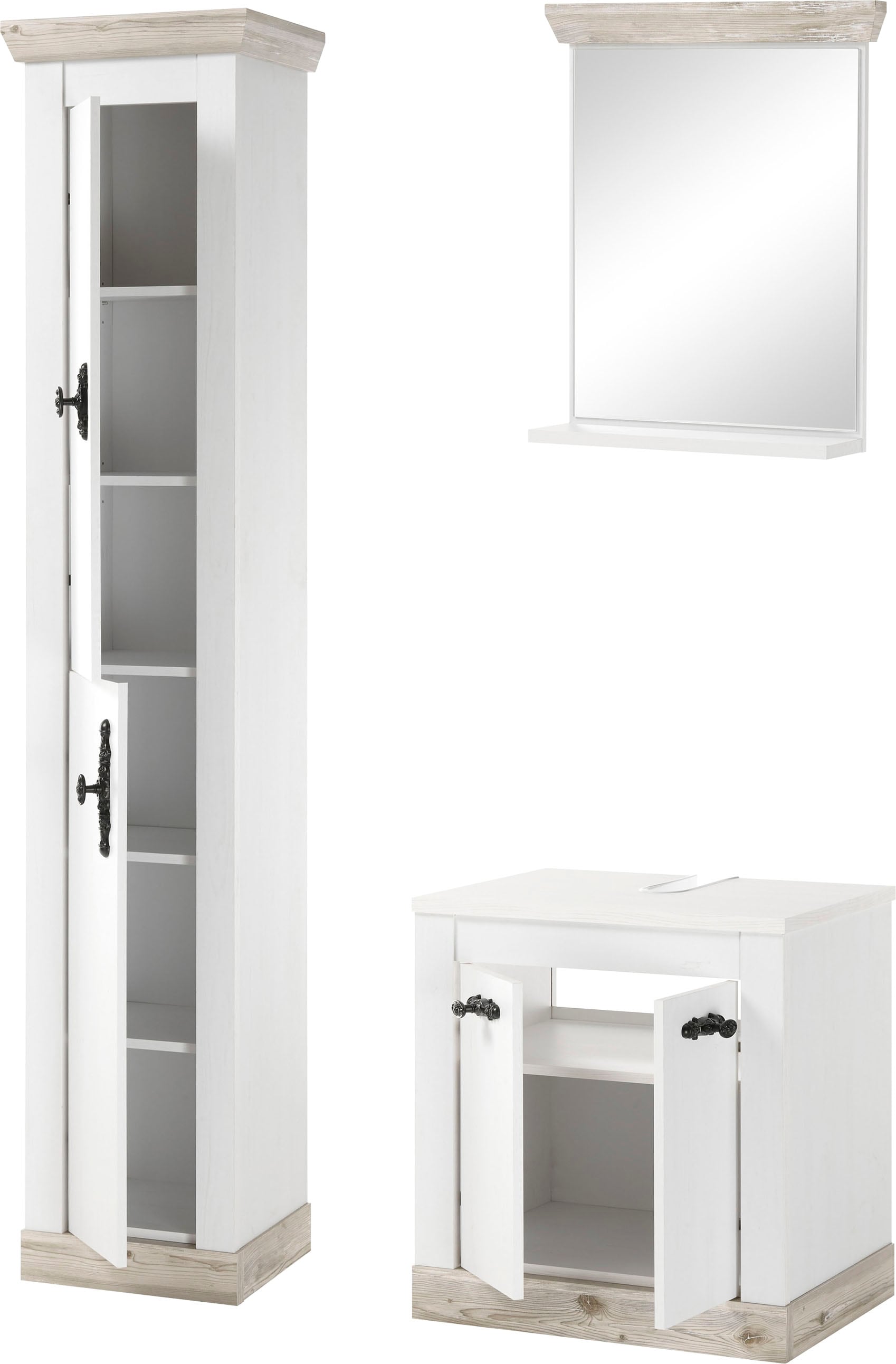 Home affaire Badmöbel-Set »Florenz, Bad im Landhausstil, 3-teiliges Badezimmer«, (3 St.), Waschbeckenunterschrank, Schrank und Spiegel, in Pinie Weiss, Stauraum