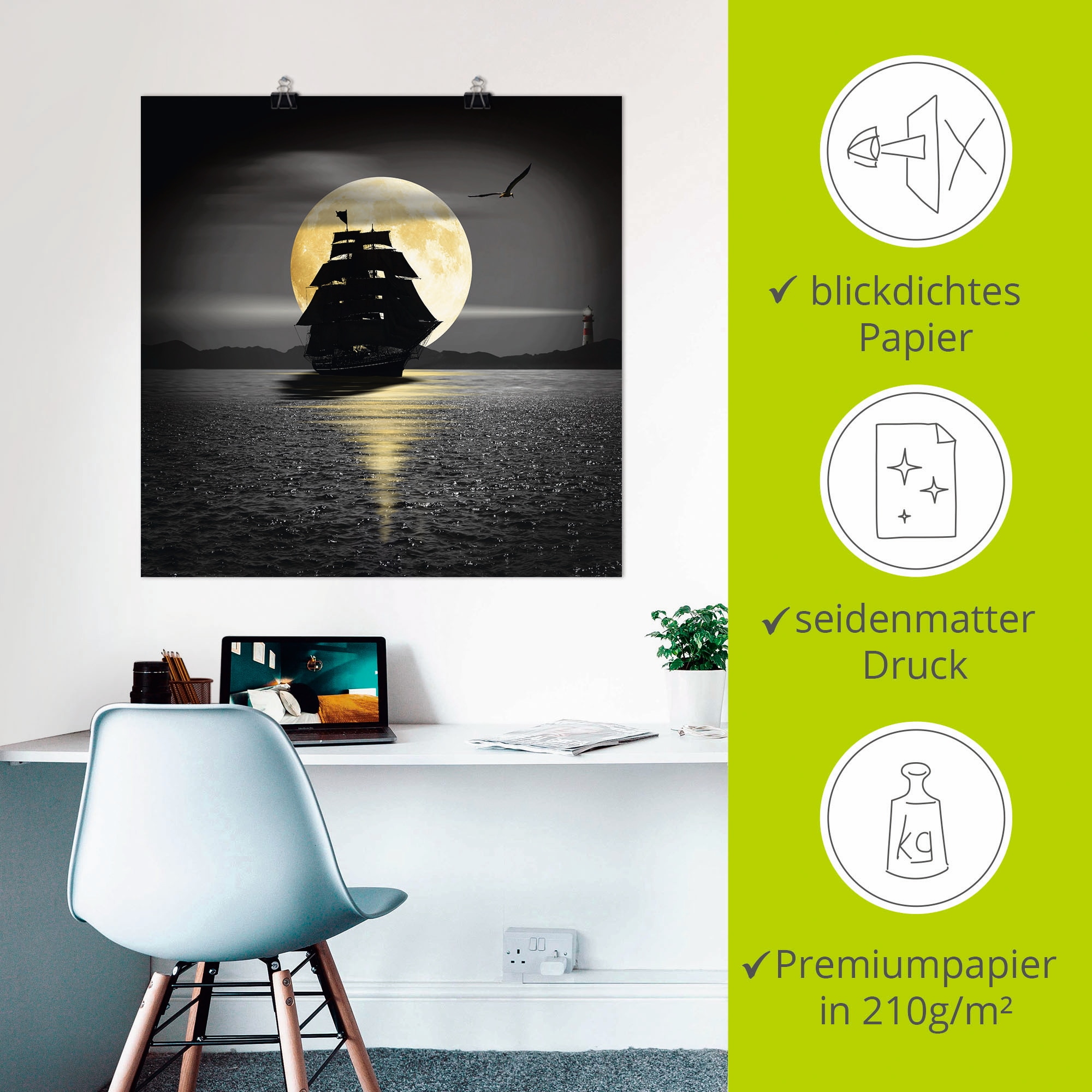Artland Wandbild »Ein Schiff mit schwarzen Segeln«, Boote & Schiffe, (1 St.), als Leinwandbild, Poster, Wandaufkleber in verschied. Grössen
