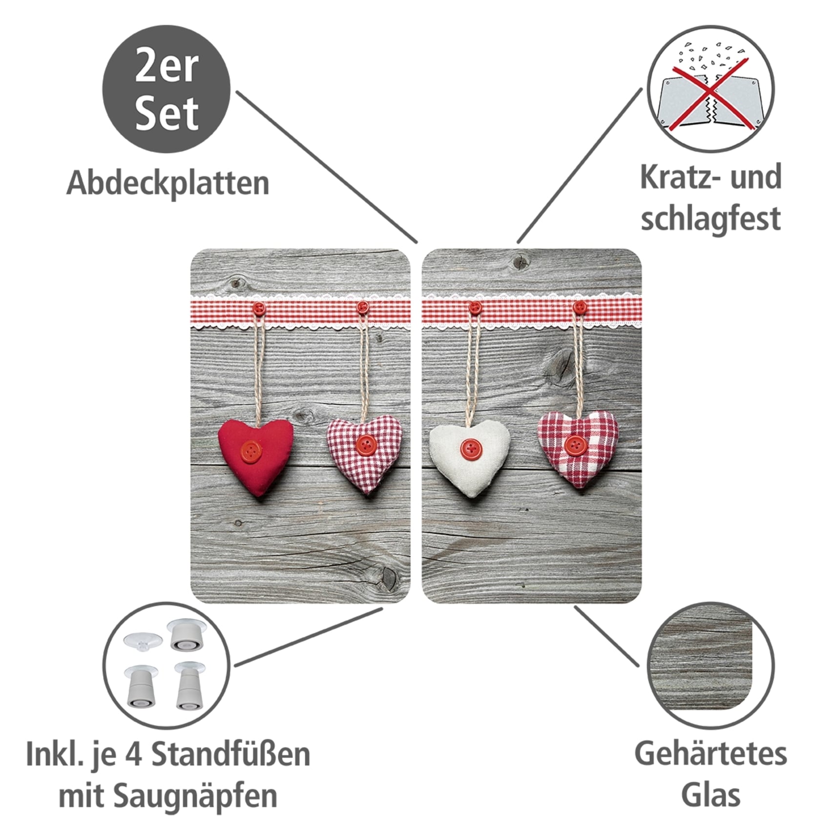 WENKO Herd-Abdeckplatte »Universal Modell Herzen«, (Set, 2 tlg.), Herdabdeckung für alle Herdarten, kratzfest, mit rutschfesten Füssen
