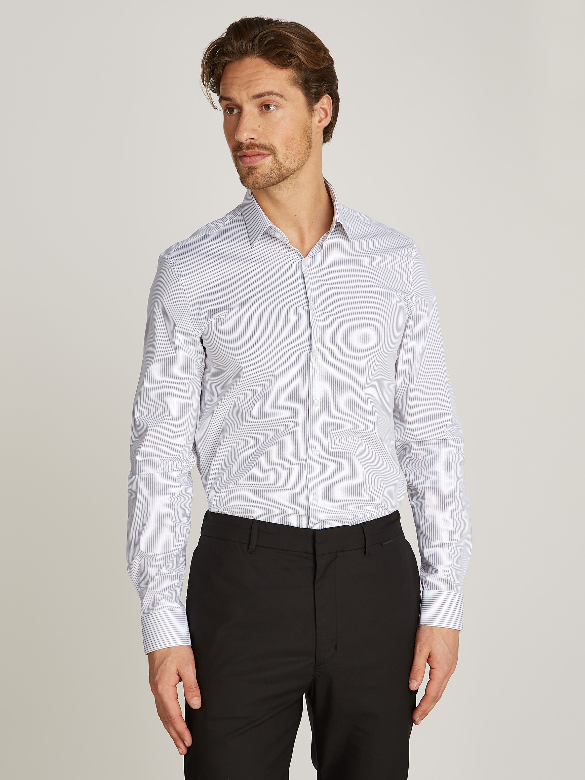 Calvin Klein Langarmhemd »POPLIN STRIPE SLIM SHIRT« in gesteifter Optik