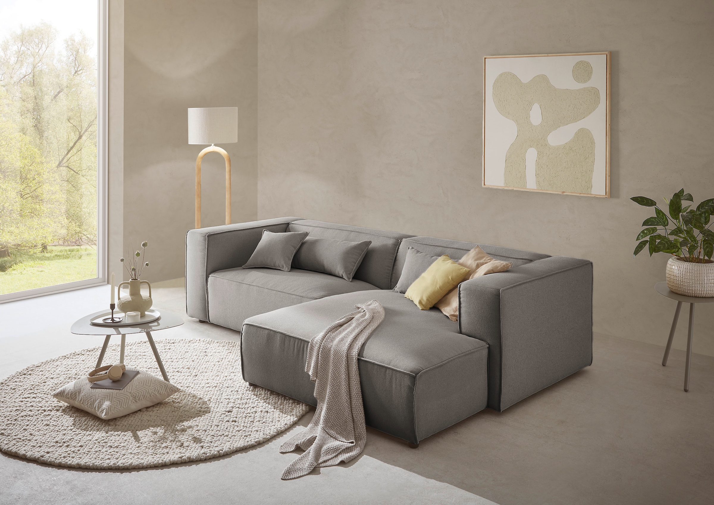 LeGer Home by Lena Gercke Ecksofa »PIARA mit Kedernaht in Cord oder Leinenoptik, moderne Couch in L-Form«, wahlweise Ottomane rechts/links, schwarze Füsse, bequemer Sitzkomfort
