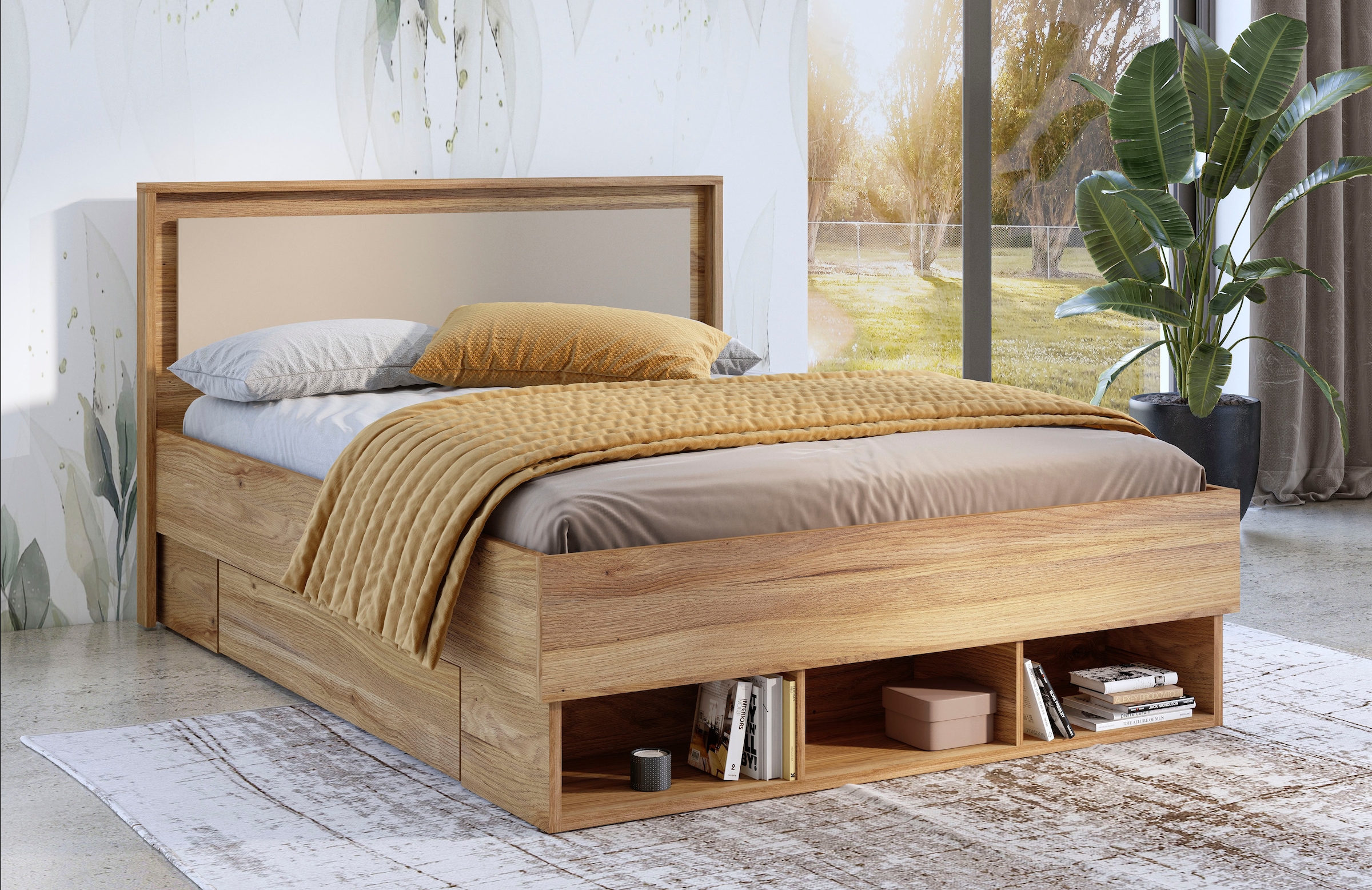 Home affaire Bettgestell »Wharton, 140, 160 oder 180cm Breite, Made in Europe«, (mit oder ohne Stauraumschubladen), Doppelbett mit offenen Regalen, FSC-zertifizierter Holzwerkstoff