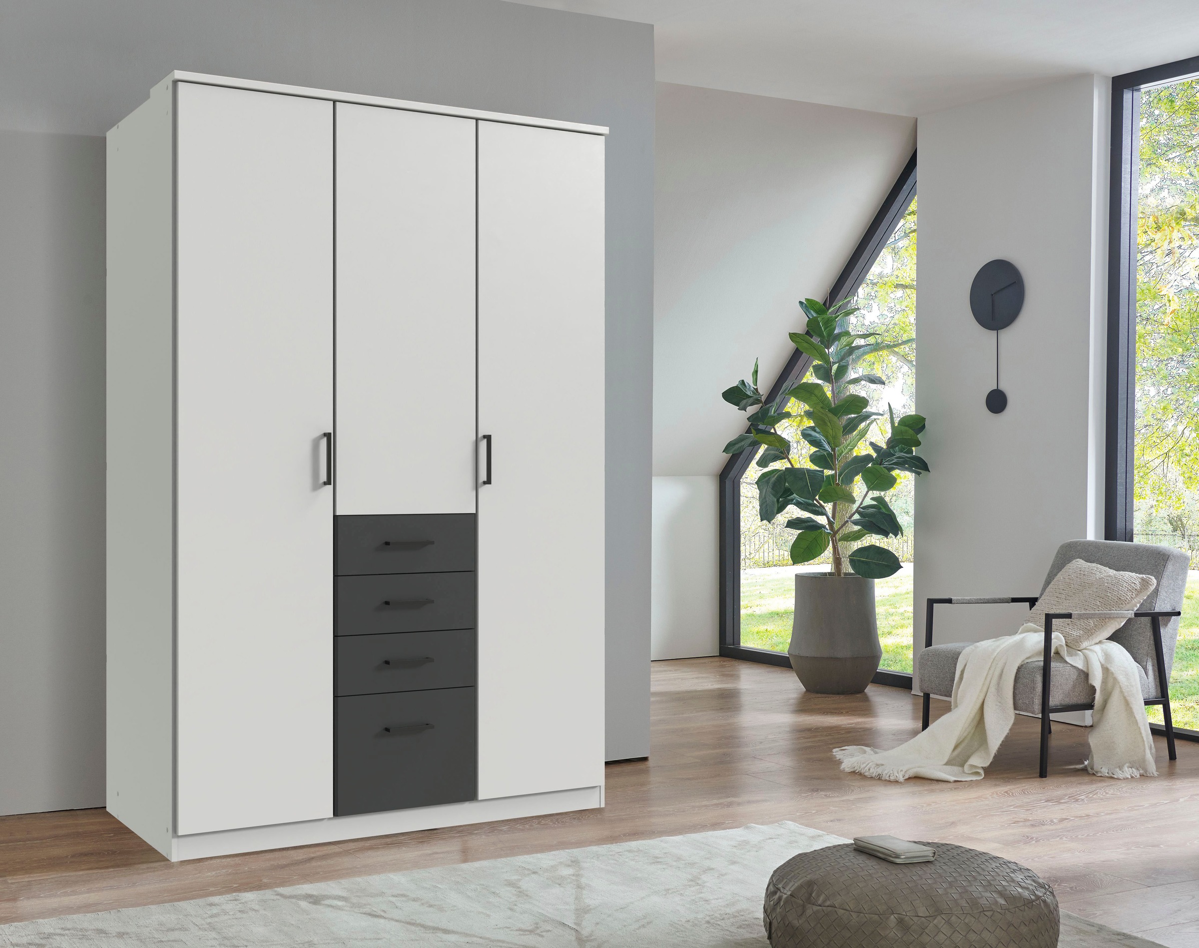 Wimex Kleiderschrank »Cottbus, in weiss oder grau modern kombiniert mit graphitfb.Schubladen«, (in 3 Grössen, schwarze Griffe, Made in Germany), mit 4 Schubladen, wahlweise mit oder ohne Spiegel