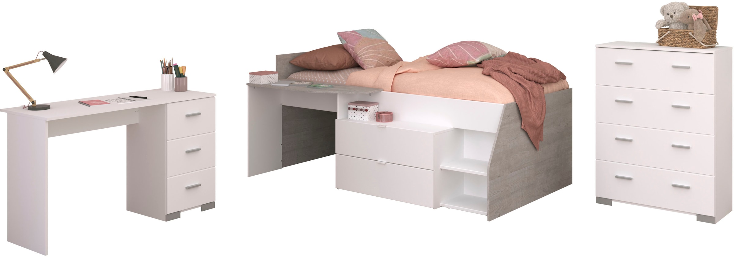 Parisot Jugendzimmer-Set "Parisot Milky 15" 3 Stk. tlg. viel Stauraum, halbhohes Hochbett