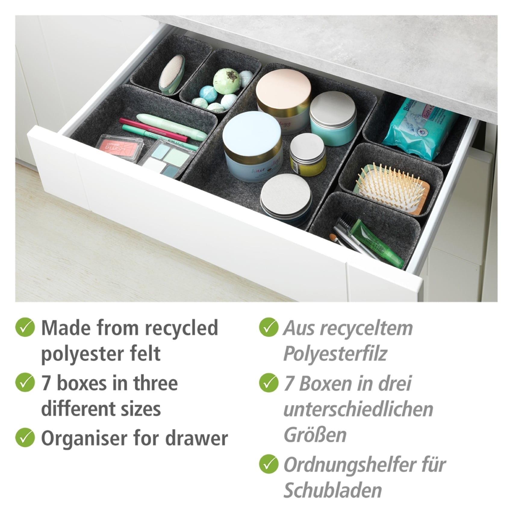 WENKO Organizer, (Set, 7 St.), Aufbewahrungsboxen für Schubladen, 3 Grössen, recycelter Polyesterfilz