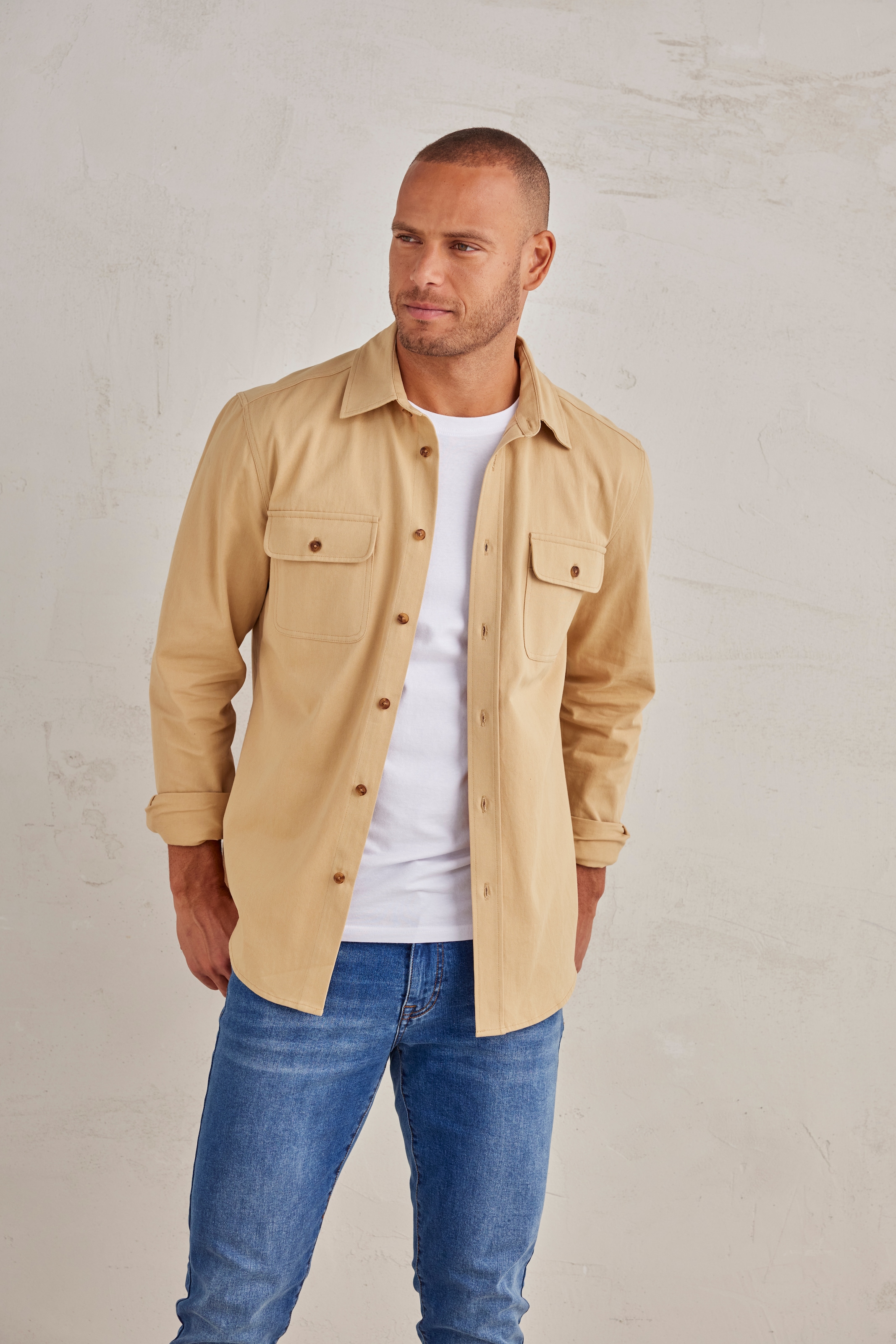 John Devin Langarmhemd Overshirt aus reiner Baumwolle, mit aufgesetzten Taschen