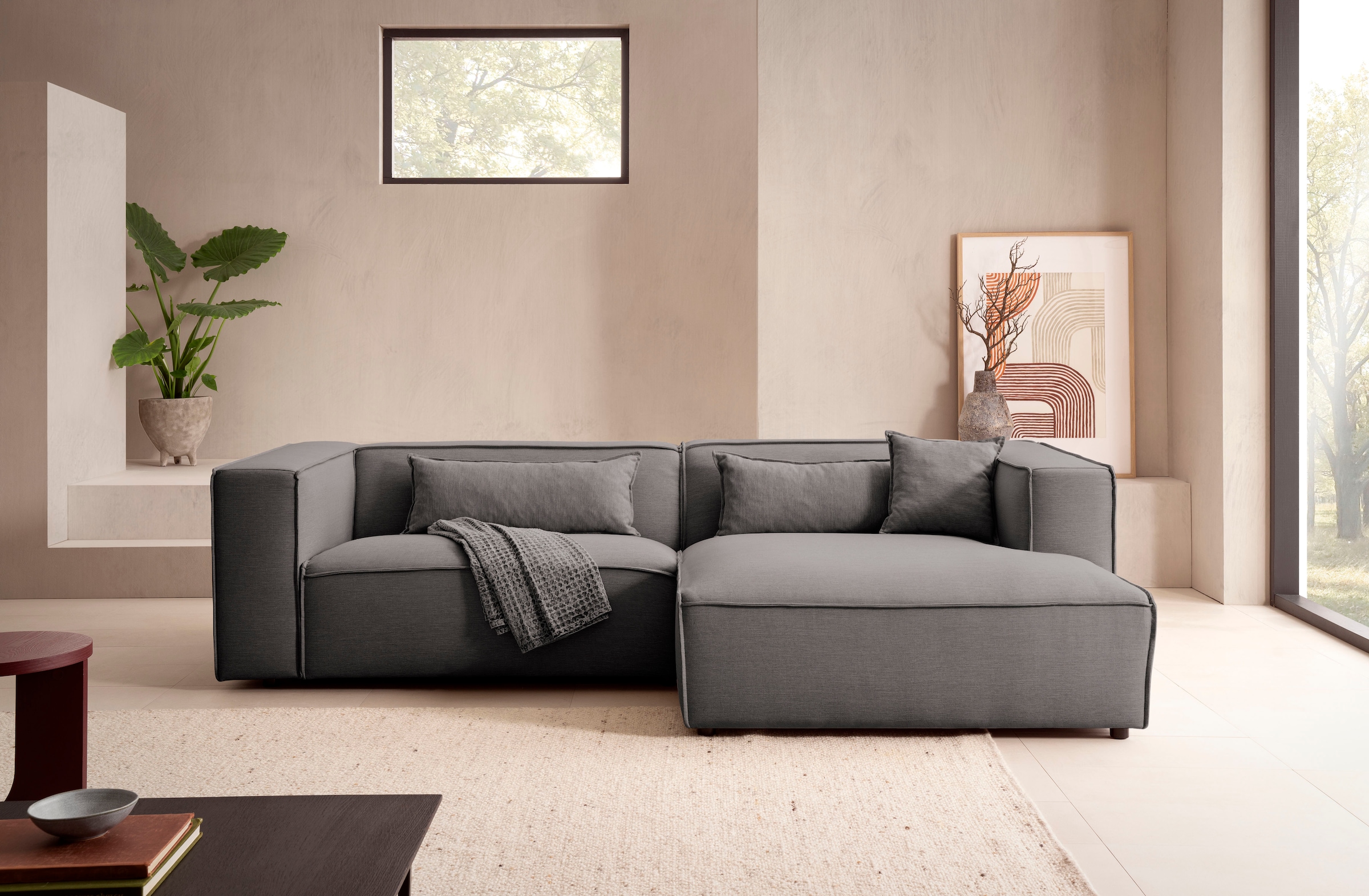 LeGer Home by Lena Gercke Ecksofa »PIARA mit Kedernaht in Cord oder Leinenoptik, moderne Couch in L-Form«, wahlweise Ottomane rechts/links, schwarze Füsse, bequemer Sitzkomfort