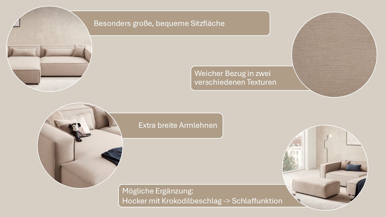 LeGer Home by Lena Gercke Ecksofa »PIARA XXL, Big-Sofa in Cord oder Leinenoptik, L-Form, mit Kedernaht«, wahlweise Ottomane rechts/links, schwarze Füsse, extra tiefe Sitzfläche