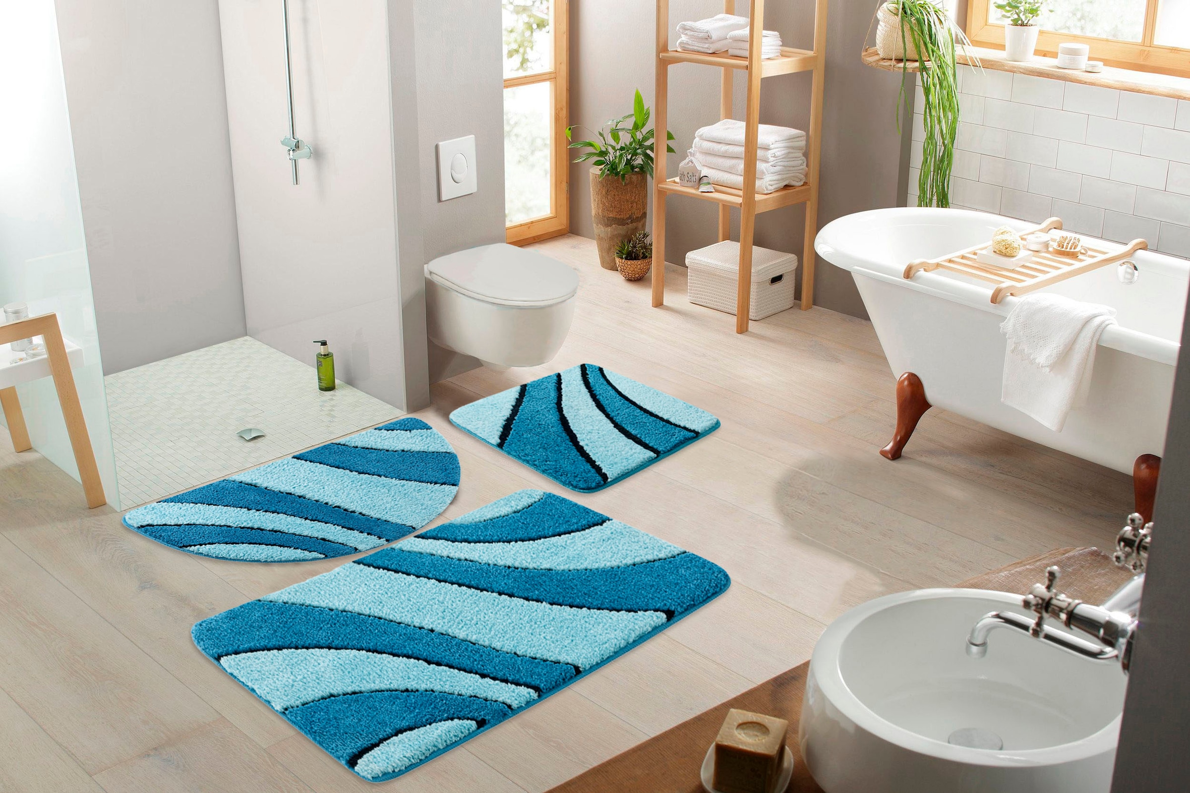 my home Badematte »Anna, Badvorleger, Badezimmer Teppich«, rutschhemmend beschichtet, fussbodenheizungsgeeignet-schnell trocknend, Badteppich, Hoch Tief Effekt, Modern, Weich, Wellen