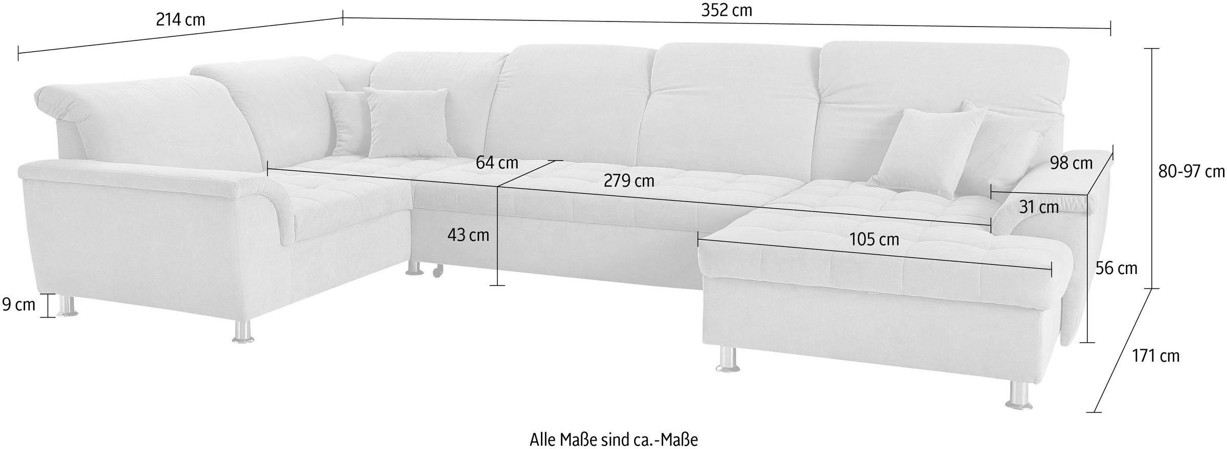 DOMO collection Wohnlandschaft »Franzi optional mit Bettfunktion, Bettkasten & Kopfteilverstellung«, XXL-Sofa, U-Form, belastbar bis 140kg/Sitz, graphite, Breite: 352cm
