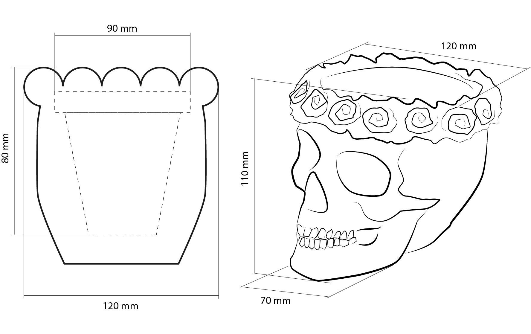 Blumentopf »Totenkopf Blumen 12 x 15 cm, Schwarz matt«