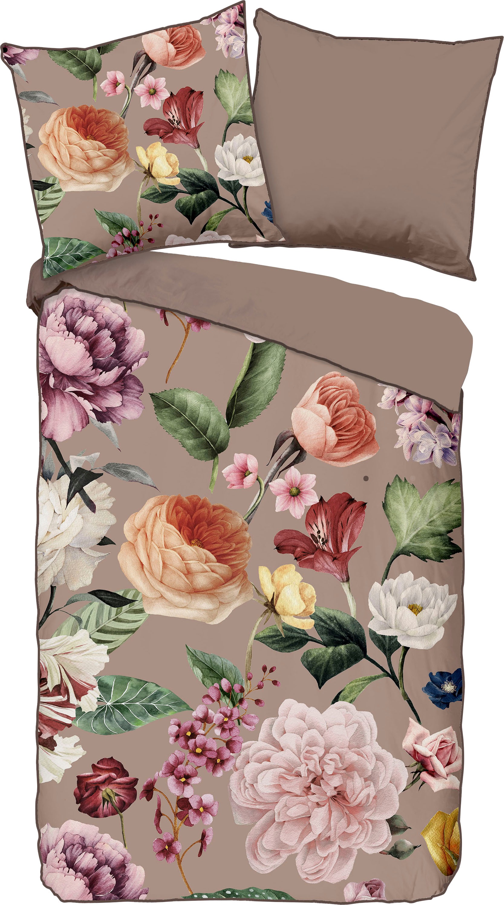 Descanso Wendebettwäsche »Fiori«, Baumwolle, Satin, 135x200, Biese, Reissverschluss, Wende, Blumen Sand