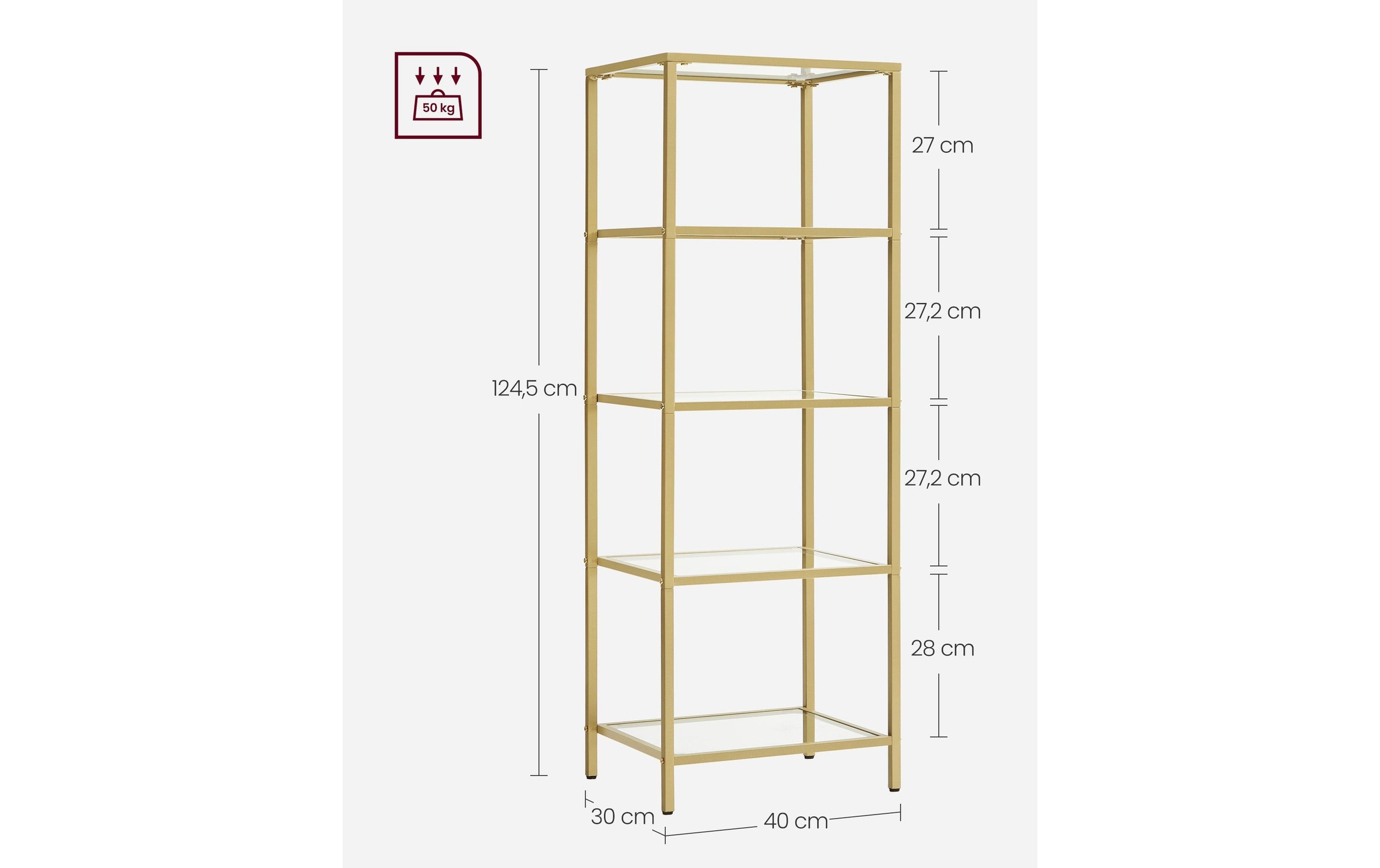 VASAGLE Regal »30 cm x 124.5 cm, Goldfarben«