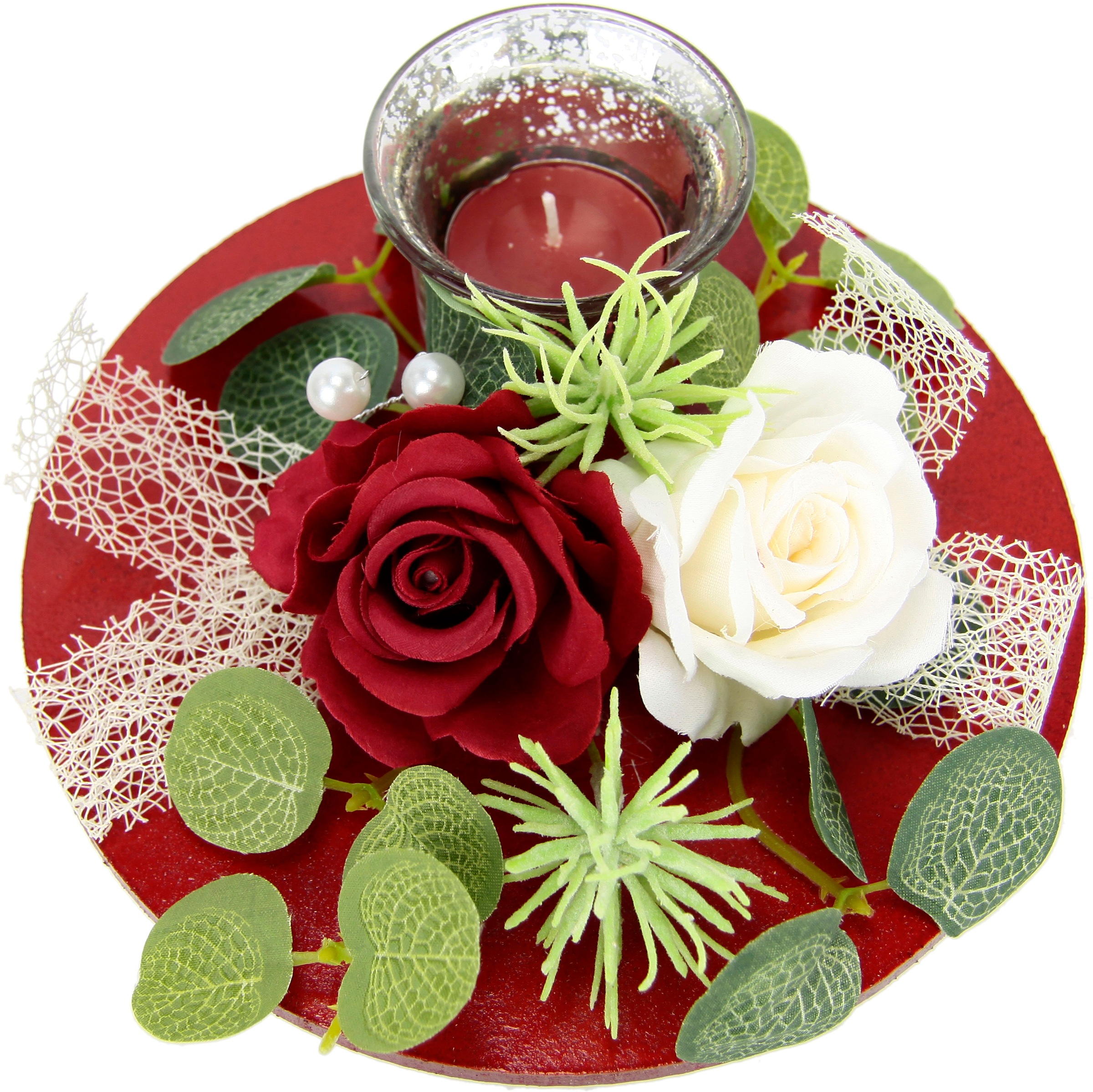 I.GE.A. Teelichthalter "Mit Glaseinsatz und Teelichtkerze, künstlichen Rosen Eukalyptus" Kerzenständer Kerzenhalter Tischdeko Kerzen Muttertag Valentinstag