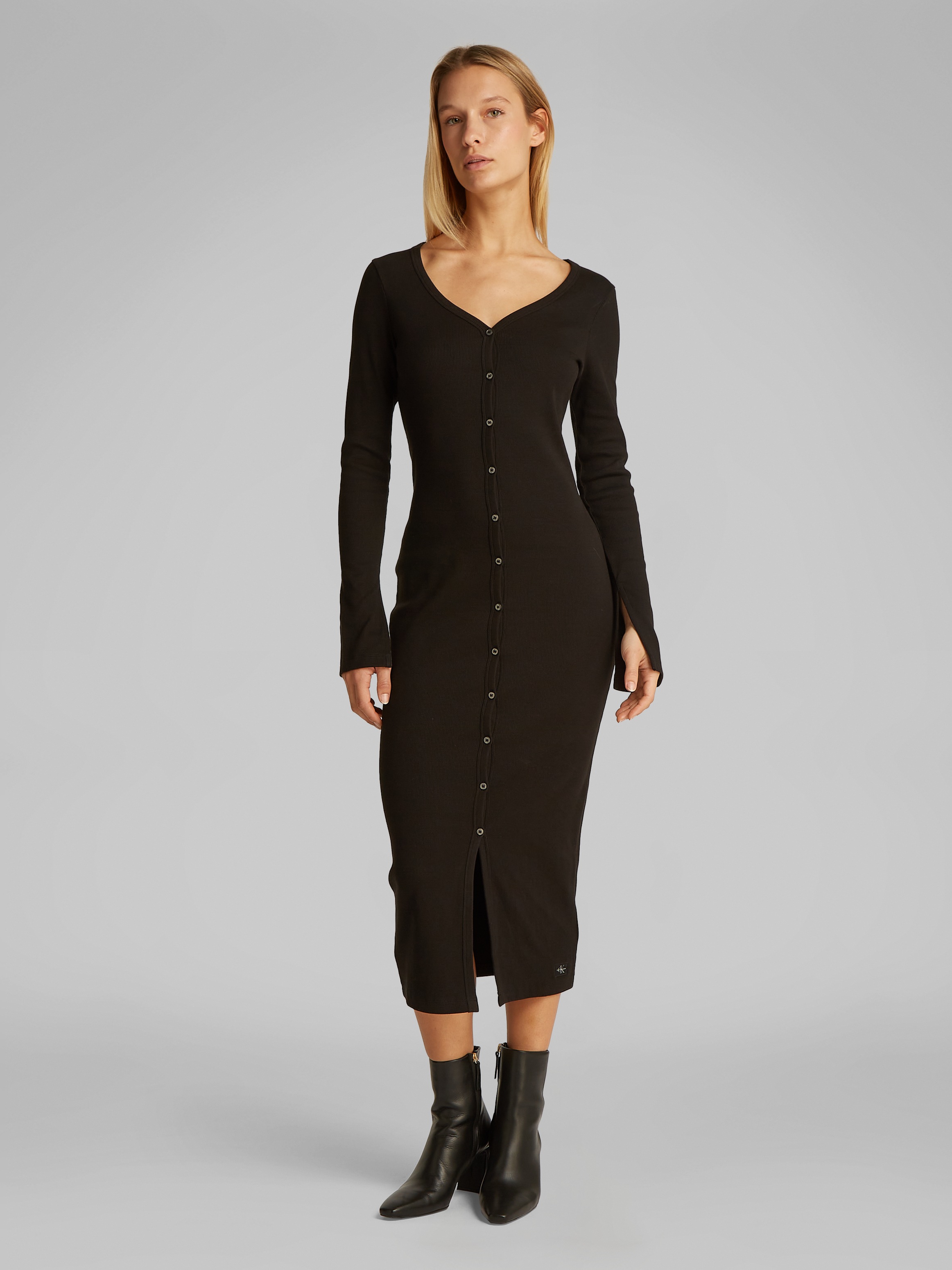 Calvin Klein Jeans Maxikleid »WOVEN LABEL LS RIB DRESS« mit Logodruck