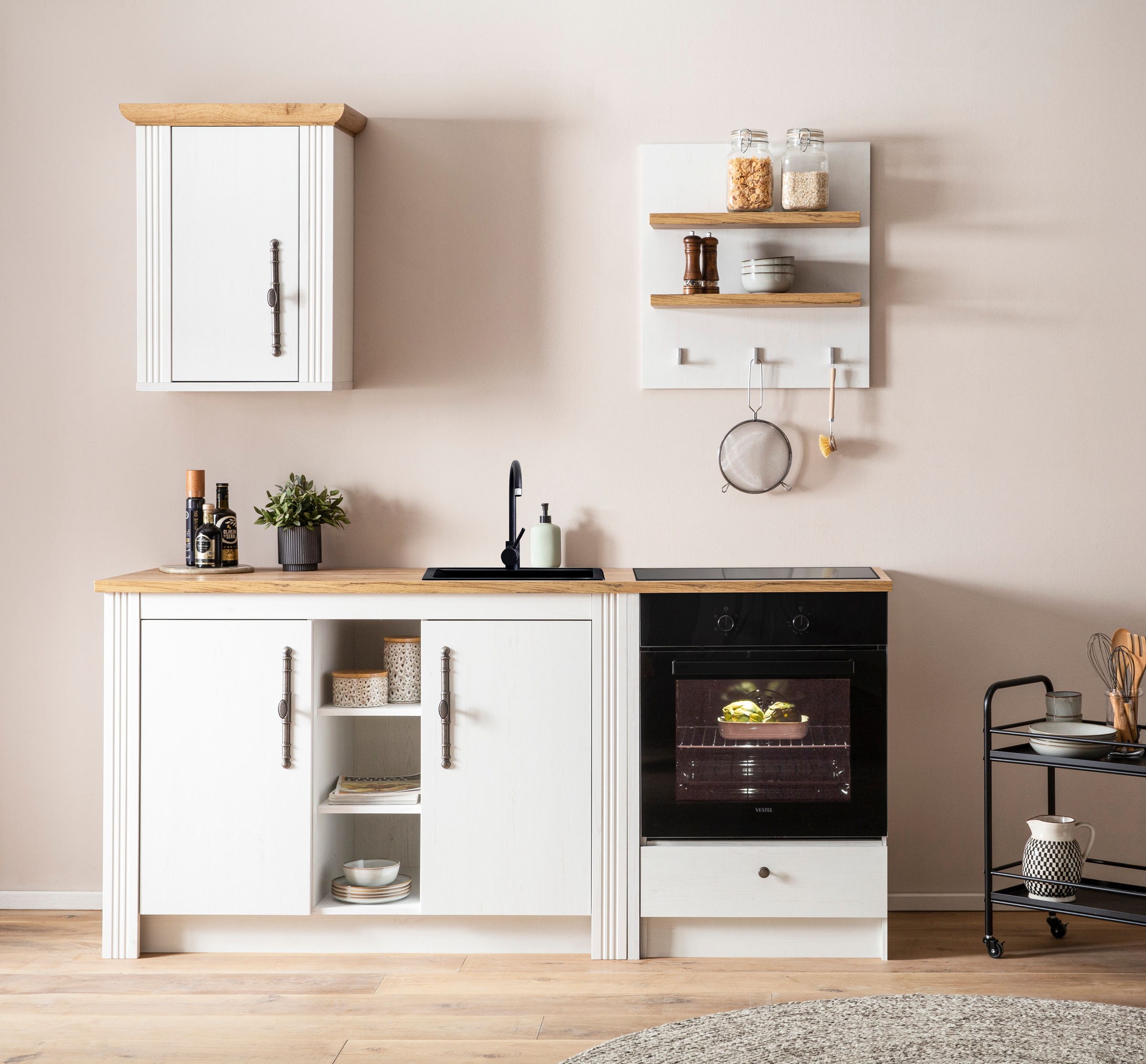 OTTO home Küchenzeile "KS-Westminster, Pantryküche im Landhaus Stil, hochwertige Metallgriffe" Set, Breite 194 cm, Kommode, Wandpaneel, Hängeschrank und Herdumbau