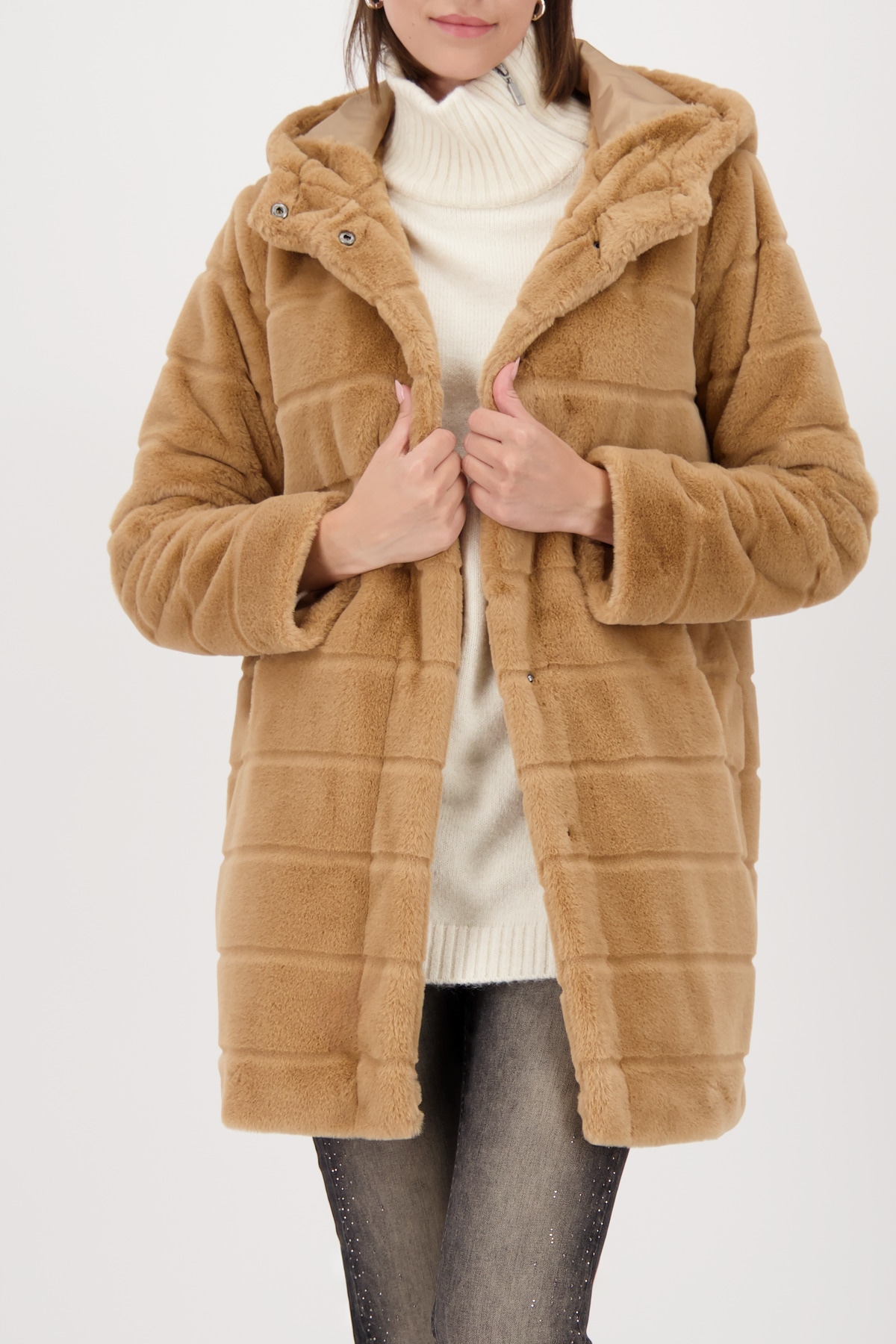 Monari Fellimitatmantel Regular fit mit Rundhalsausschnitt und Kapuze