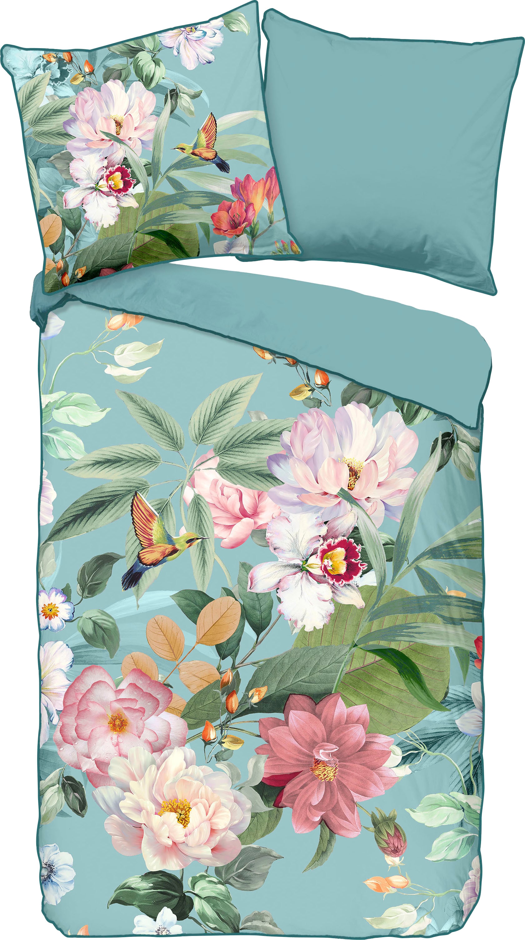 Descanso Wendebettwäsche »Fungi«, Baumwolle, Satin, 135x200, Biese, Reissverschluss, Wende, Blumen Türkis
