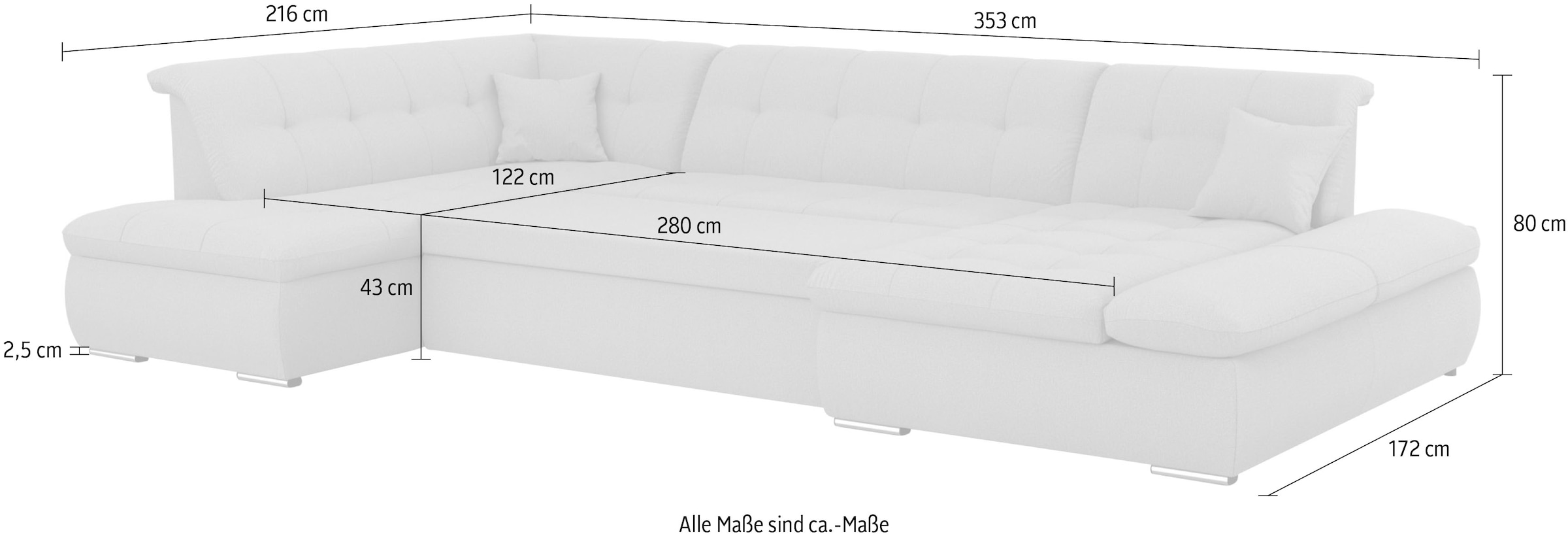 DOMO collection Wohnlandschaft »Moric U-Form auch in Cord«, im XXL-Format, wahlweise mit Bettfunktion und Armlehnenverstellung