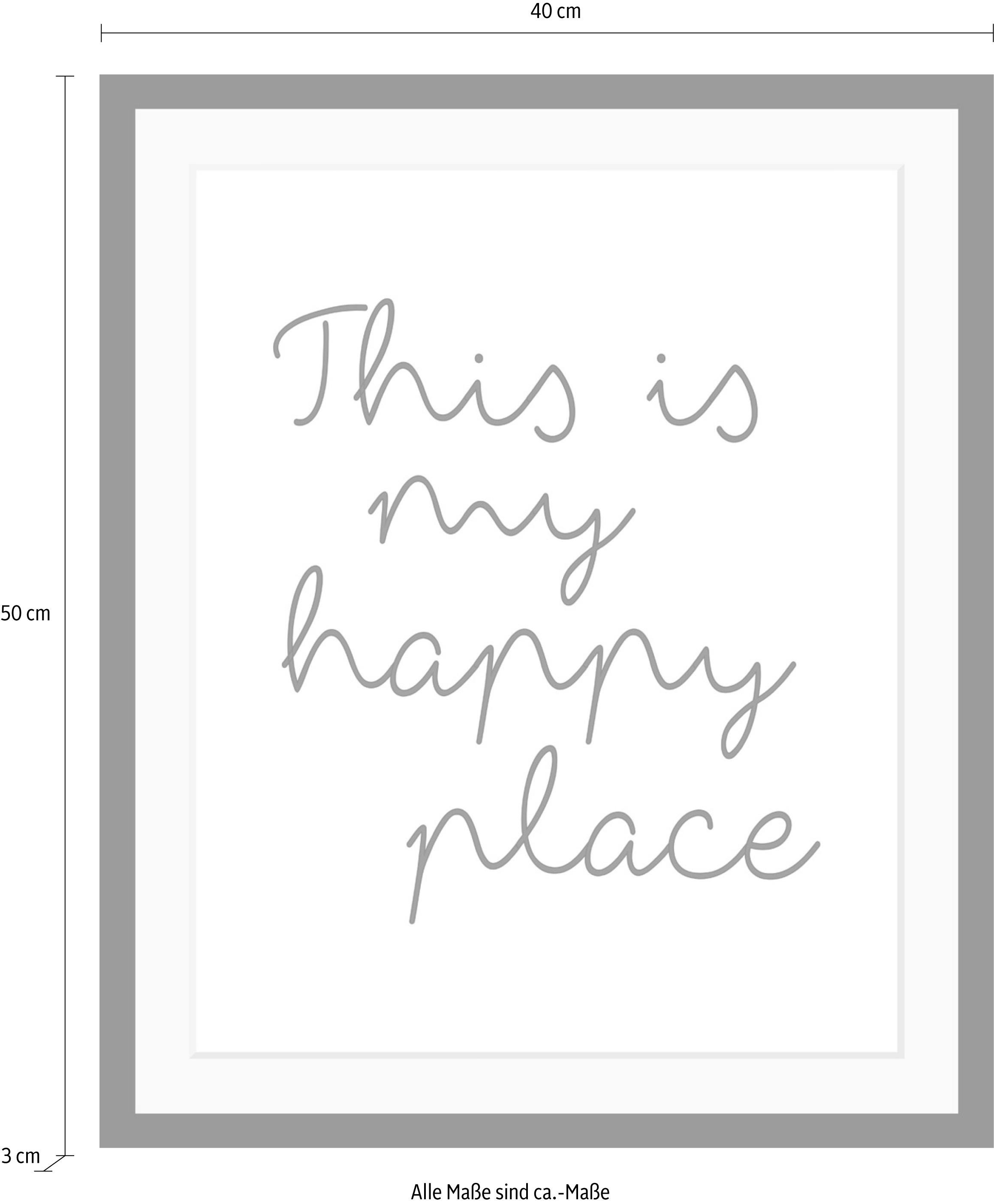 queence Bild »happy place«, Schwarz-Weiss-Schriftzug-Motivationsbilder-Fashion-Frau, HD Premium Poster-Druck inkl. Holzrahmen