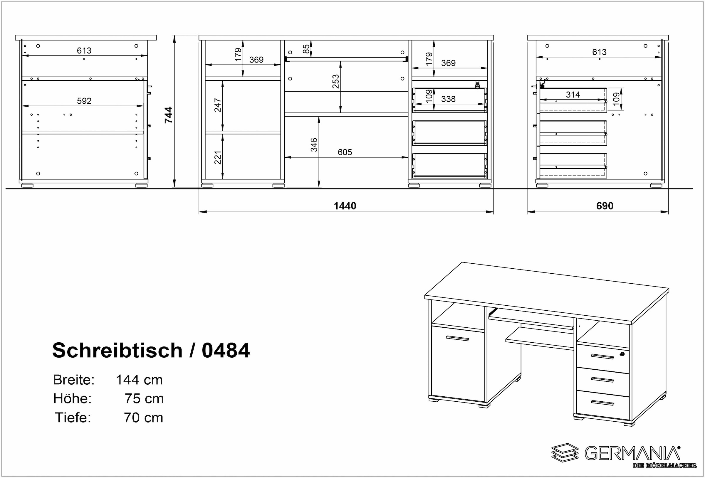 GERMANIA Computertisch »0484«, (Made in Germany), Schreibtisch mit Tastaturauszug & abschliessbarem Schubkasten, B.145 cm