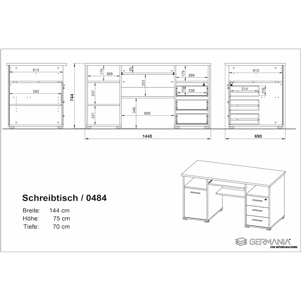 GERMANIA Computertisch »0484«, (Made in Germany), Schreibtisch mit Tastaturauszug & abschliessbarem Schubkasten, B.145 cm