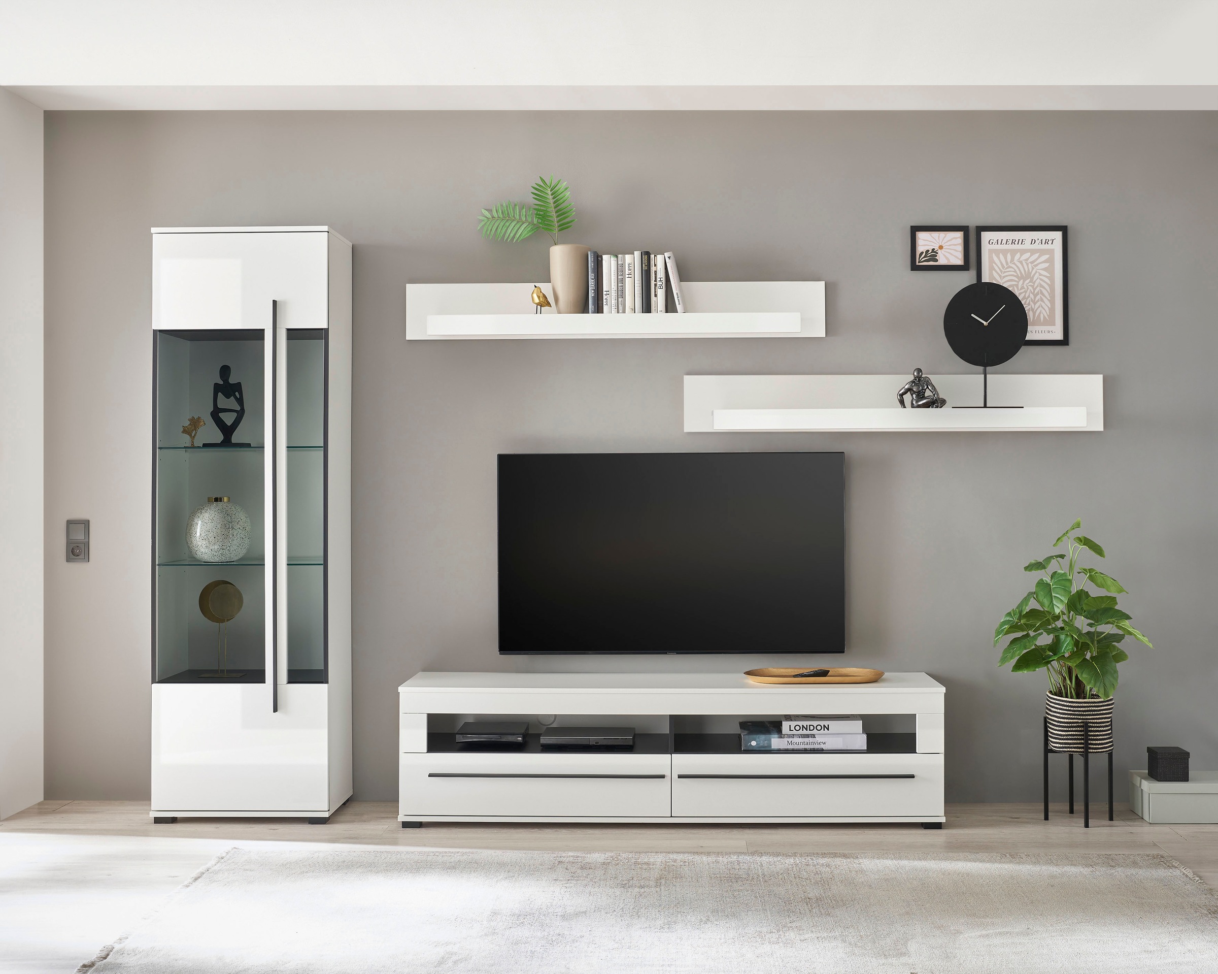 INOSIGN Wohnwand »Cantara, moderne Anbauwand, Wohnzimmer-Set, in Eiche Evoke oder Weiss«, (Set), enthält eine Vitrine, ein Lowboard und zwei Wandboards