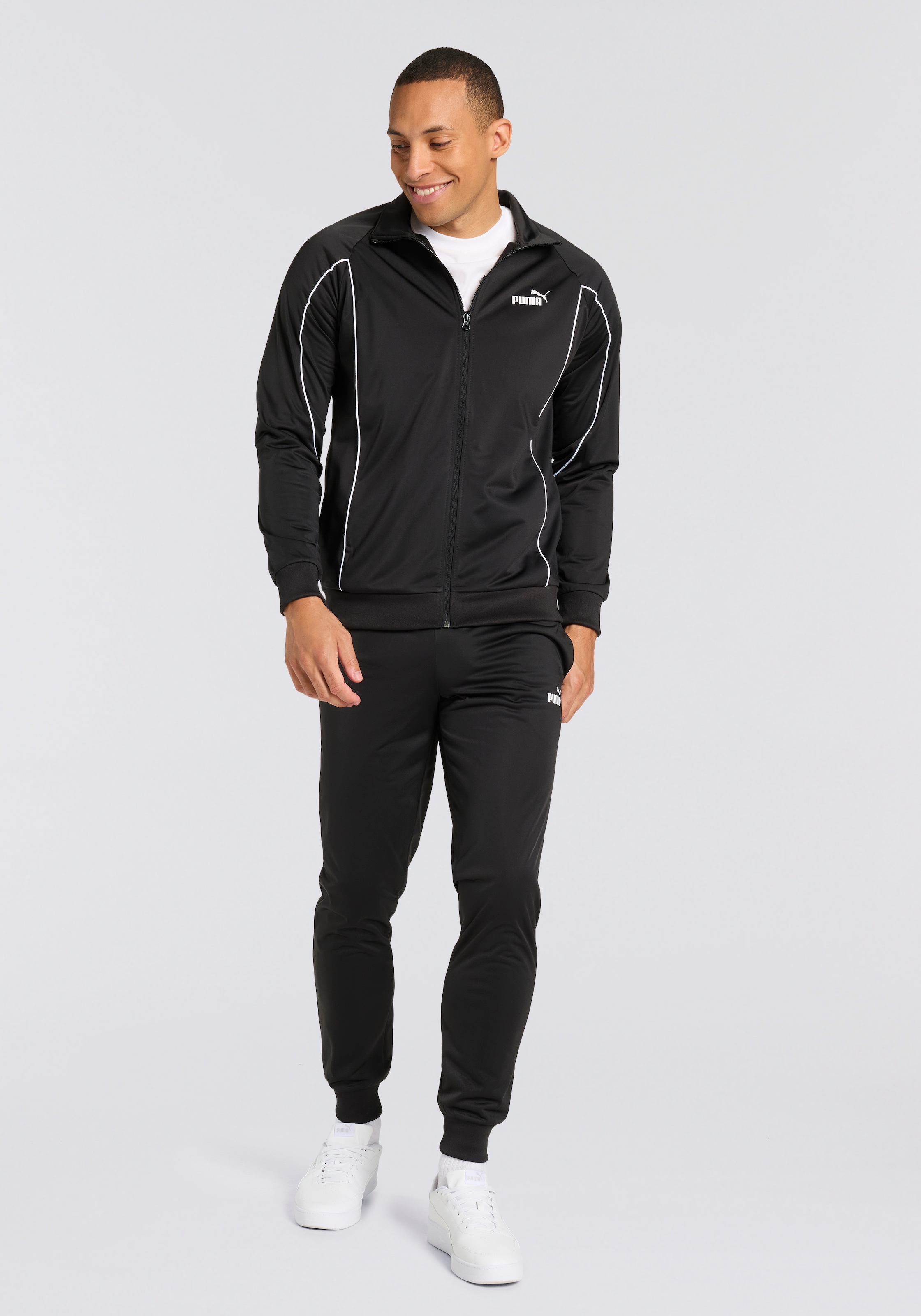 PUMA Trainingsanzug »POLY PIPING SUIT« 2 Stk. zweiteilig, mit Paspeldetails, mit hohem Kragen