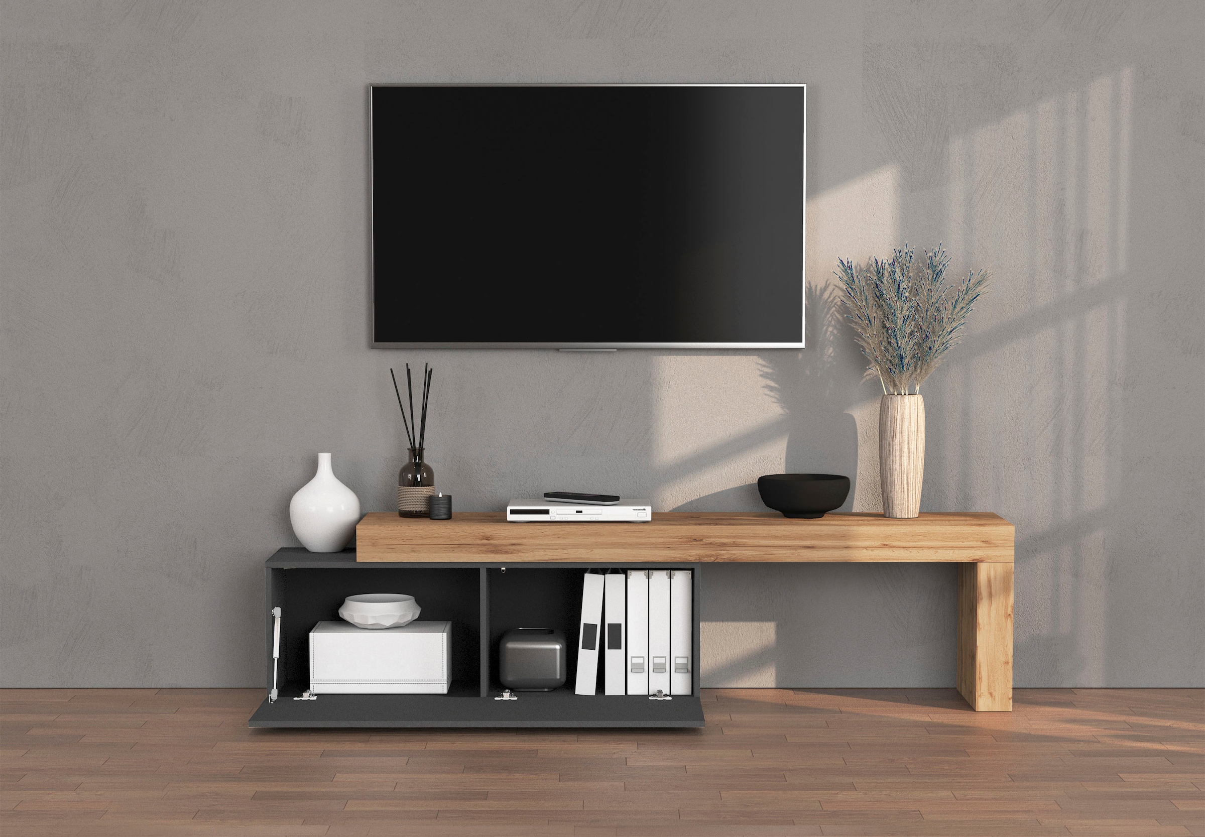 INOSIGN Lowboard »Chronos TV-Board, T-Schrank«, (1 St., Breite verstellbar von 180 bis 290 cm), Breite 240 cm TV-Board,Lowboard,1 Klappe und ein L-Förmiger Aufsatz