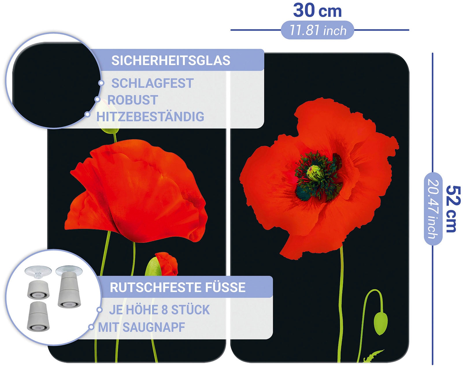 WENKO Herd-Abdeckplatte »Universal Modell Mohn«, (Set, 2 tlg.), Herdabdeckung für alle Herdarten, kratzfest, mit rutschfesten Füssen