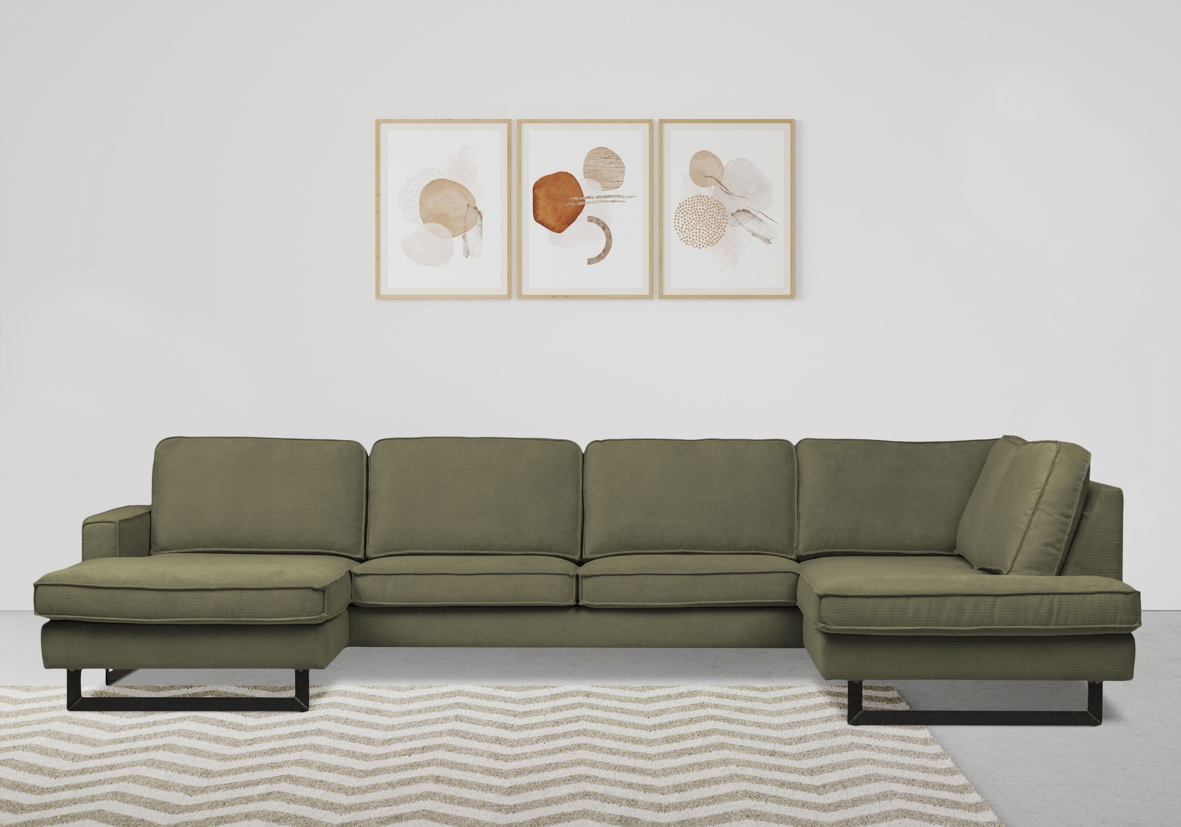 Places of Style Wohnlandschaft »Pinto, 350 cm, U-Form, XXL, mit Ottomanen«, Cord, Chenille, Lederoptik, mit Keder, Metallfüsse, Wellenunterfederung