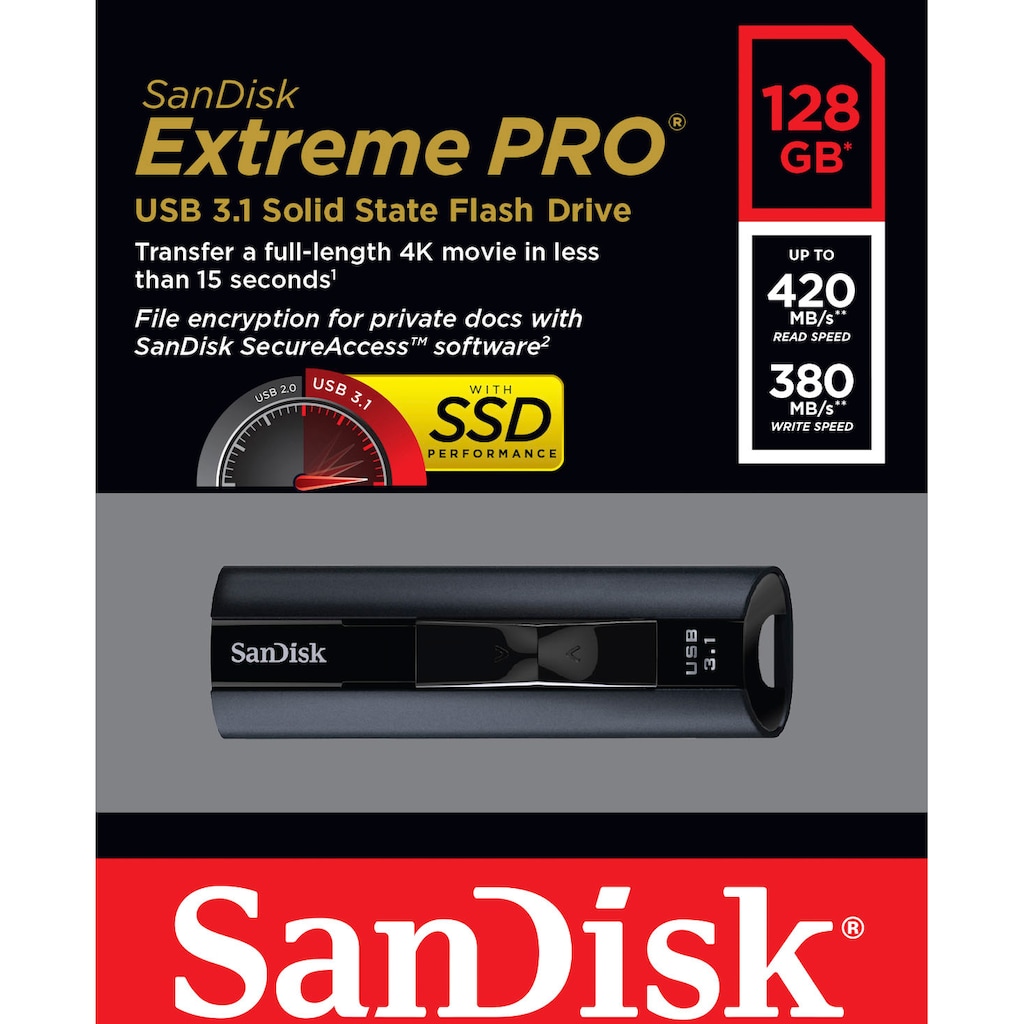 Sandisk USB-Stick »Cruzer Extreme Pro 128GB, USB 3.1, 420MB/s«, (USB 3.1 Lesegeschwindigkeit 420 MB/s)