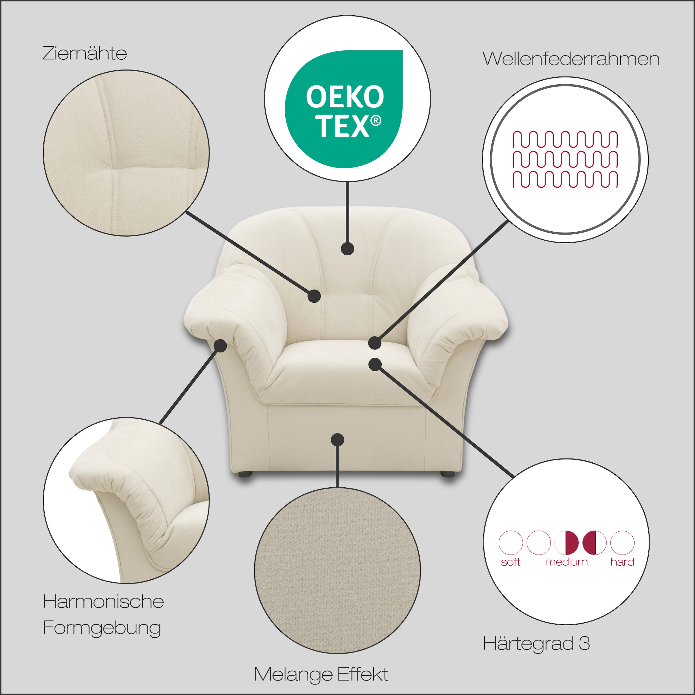 DOMO collection Sessel »Pegnitz, zeitlos, elegante Armlehnen, komfortabel«