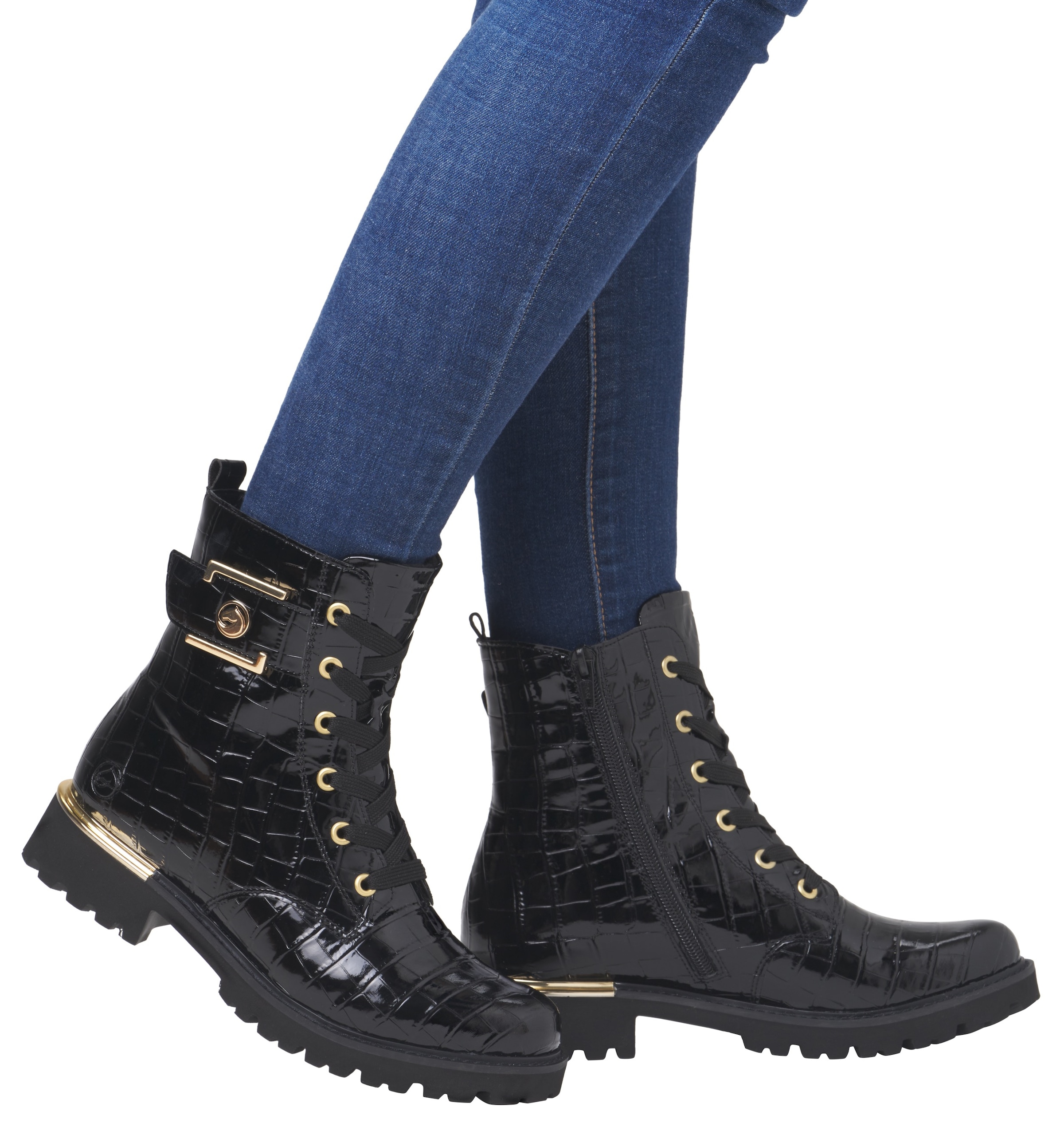 Remonte Schnürstiefelette, Blockabsatz, Schnürboots im Kroko-Look, Innenreissverschluss