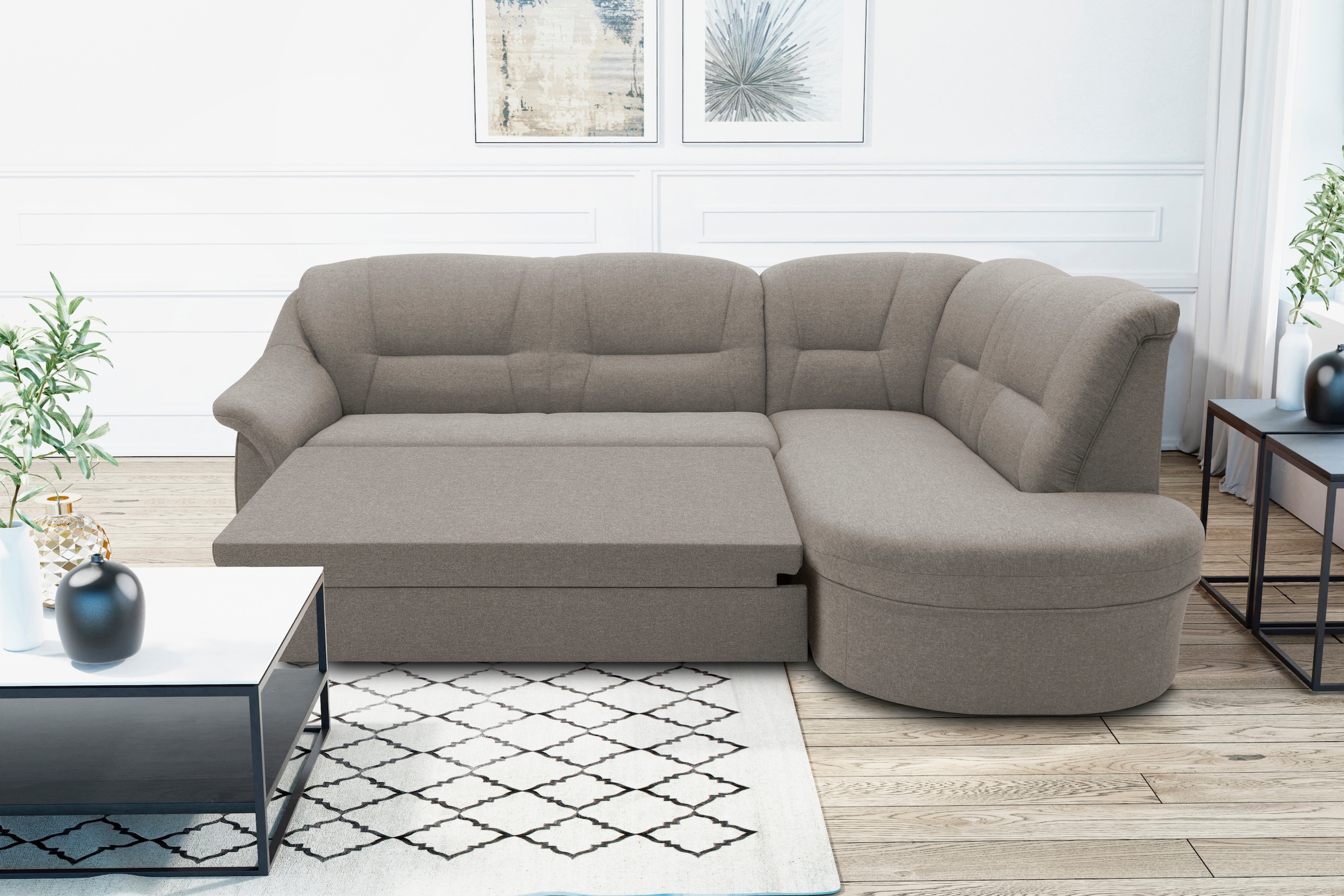 DOMO collection Ecksofa »Faenza für kleine Räume, Stellmasse 232,176cm, komfortabel, L-Form«, mit Ottomane, zeitlos, elegante Armlehnen, wahlweise mit Bettfunktion